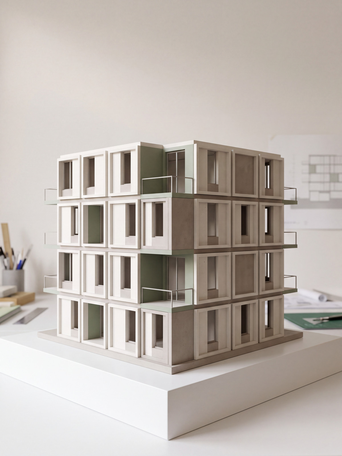 Axonometric diagram of volumetric modules assembled into a multi-storey structure.