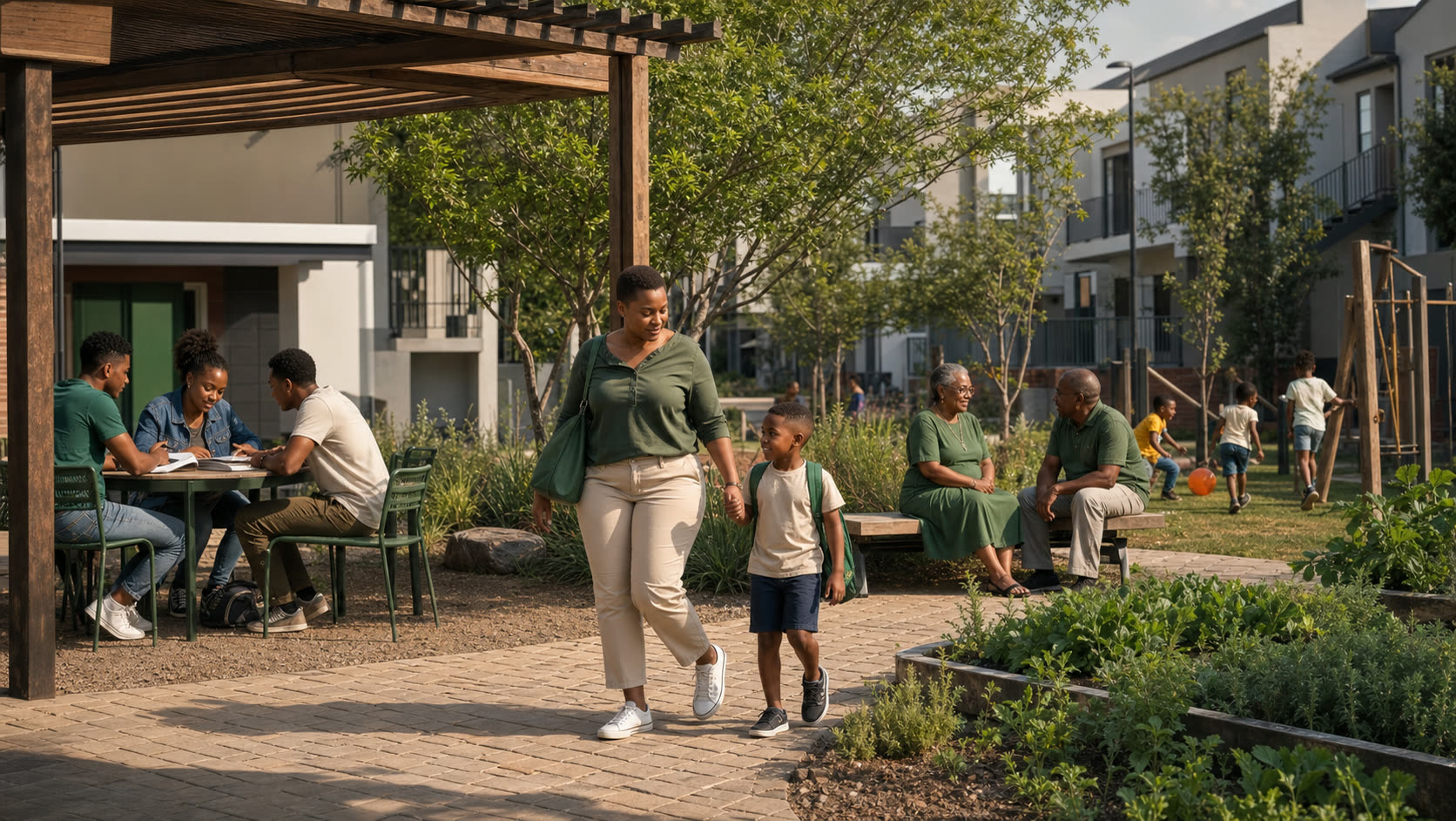 Residents in a completed Precast Africa community, streets and open green space visible.