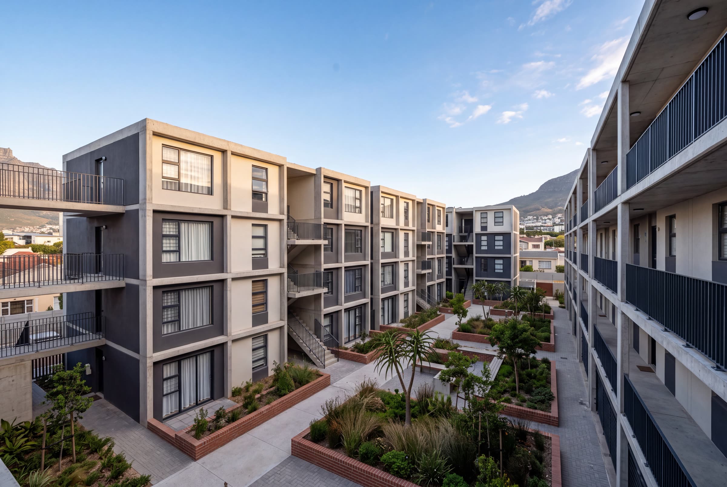Completed duplex dwellings arranged along a residential street.