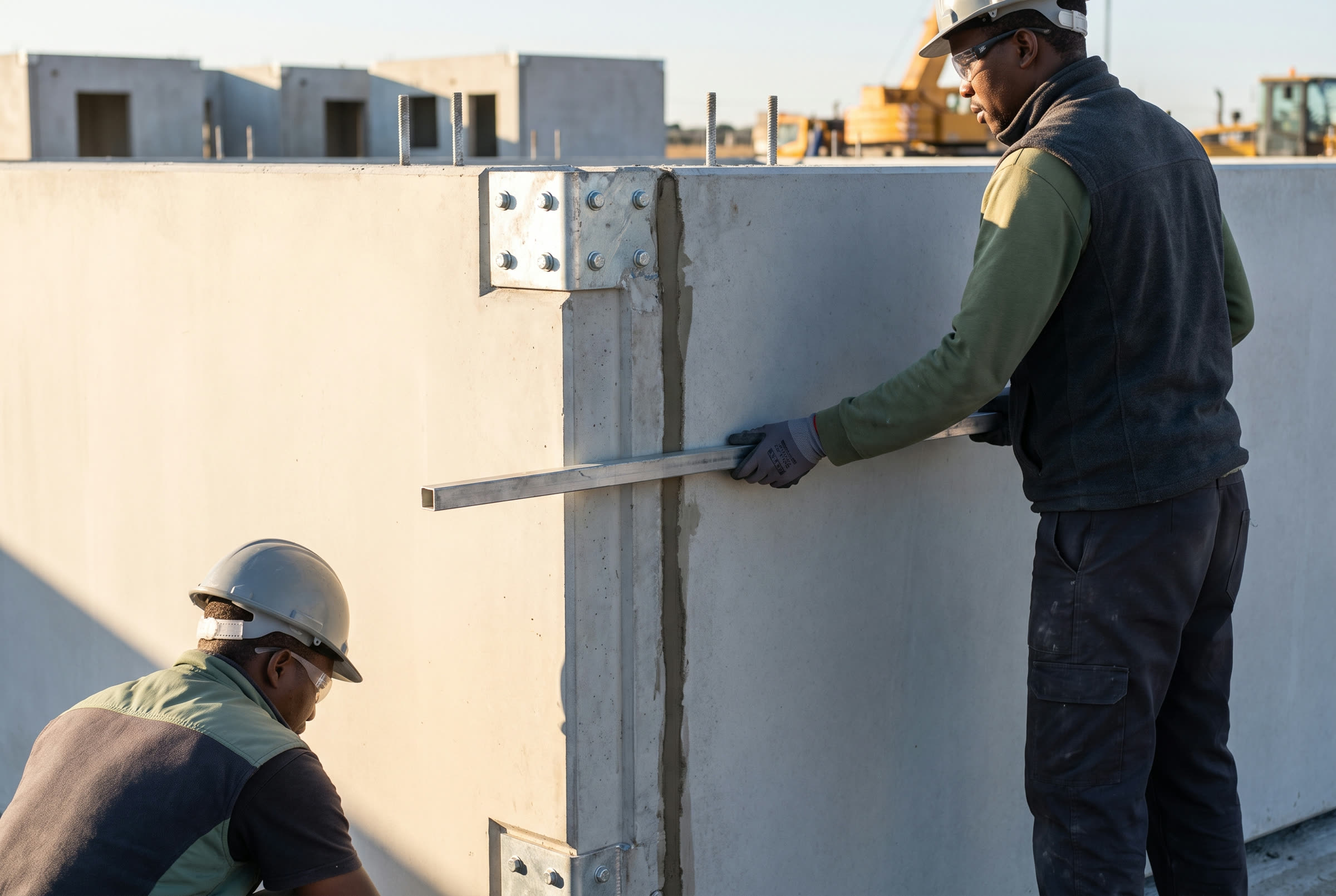 Structural connection detail between adjacent volumetric concrete modules.