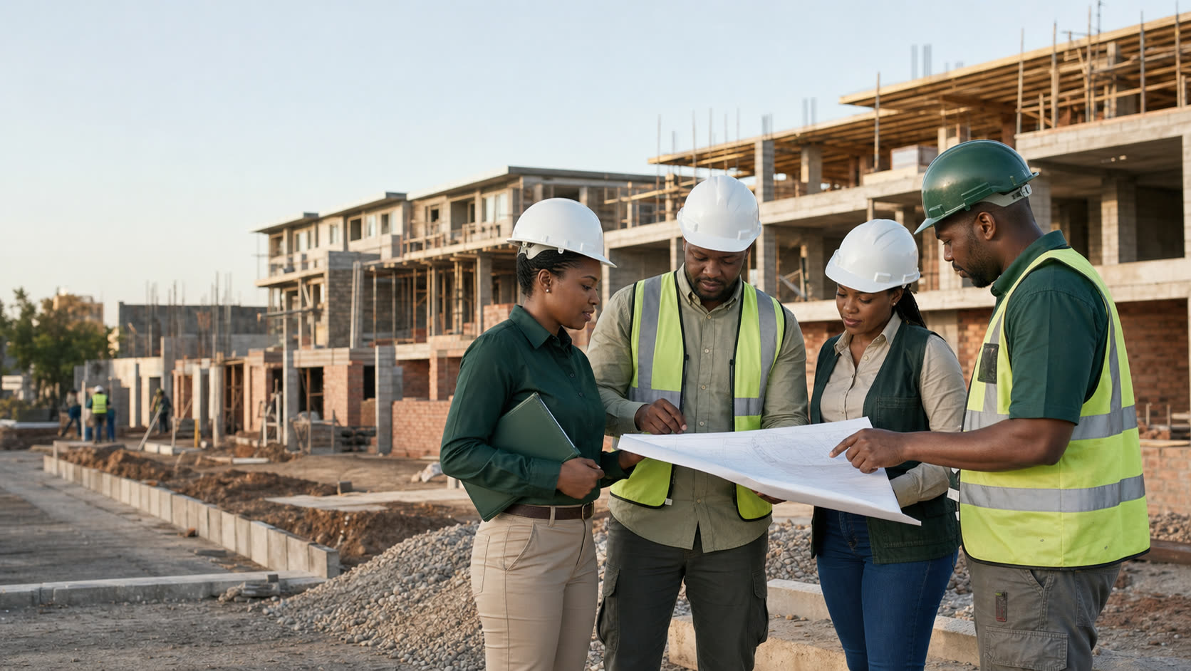Engineering and delivery team reviewing drawings on site.