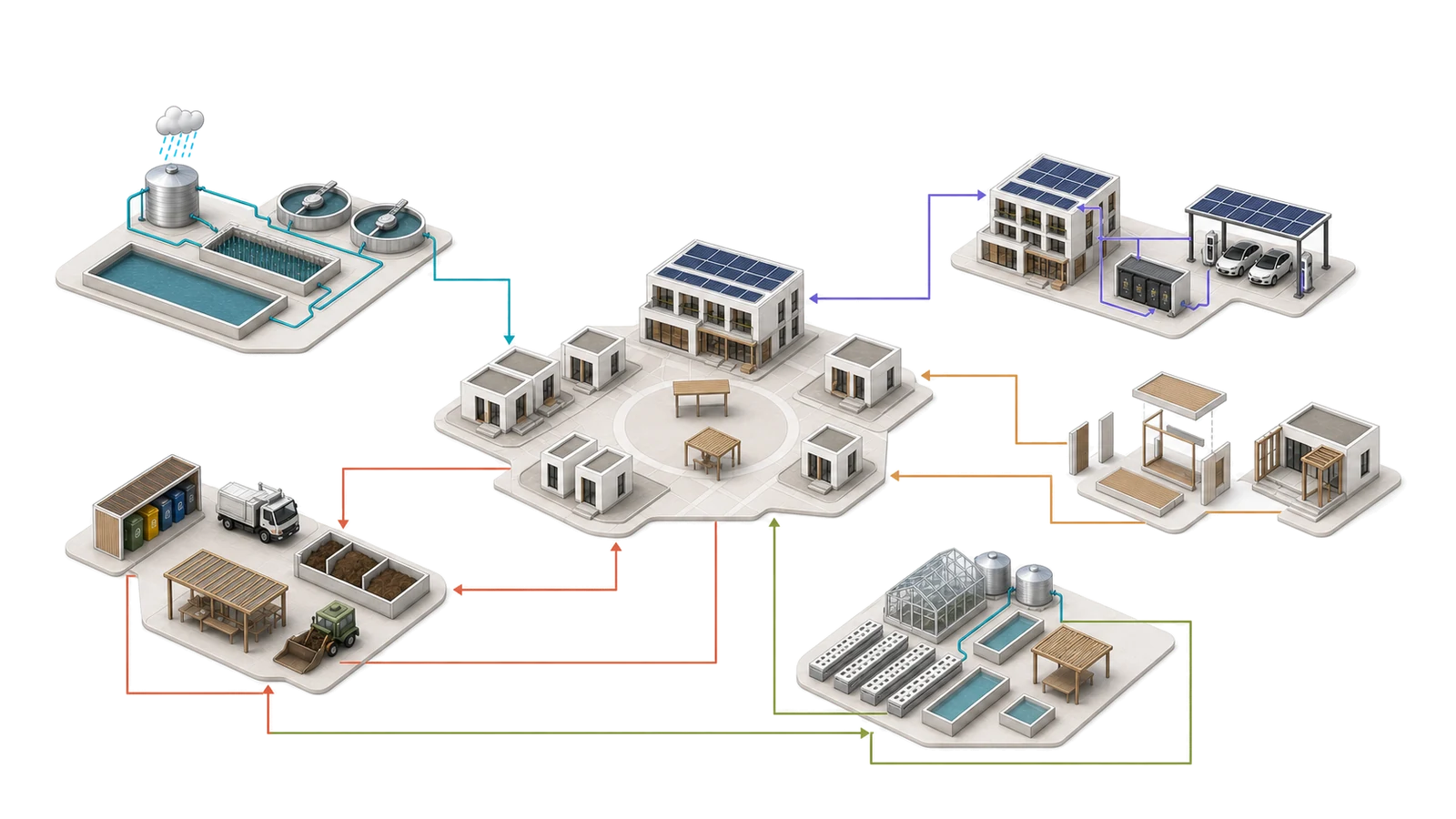 Diagram of integrated resource flows between water treatment, energy generation, housing, waste processing and agriculture.