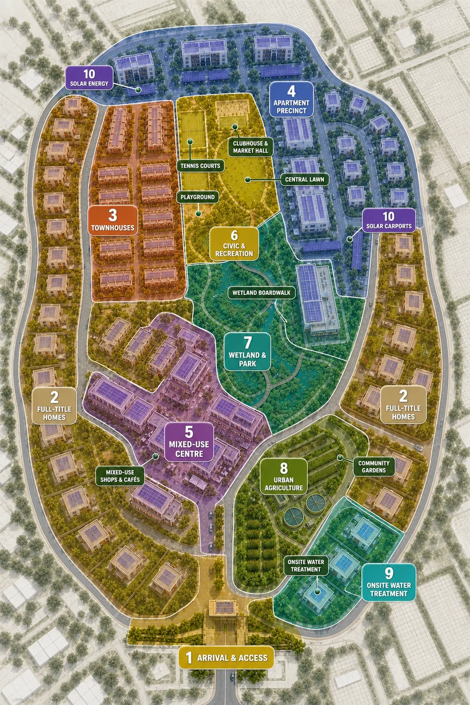 The same masterplan overlaid with ten numbered and colour-coded development zones.