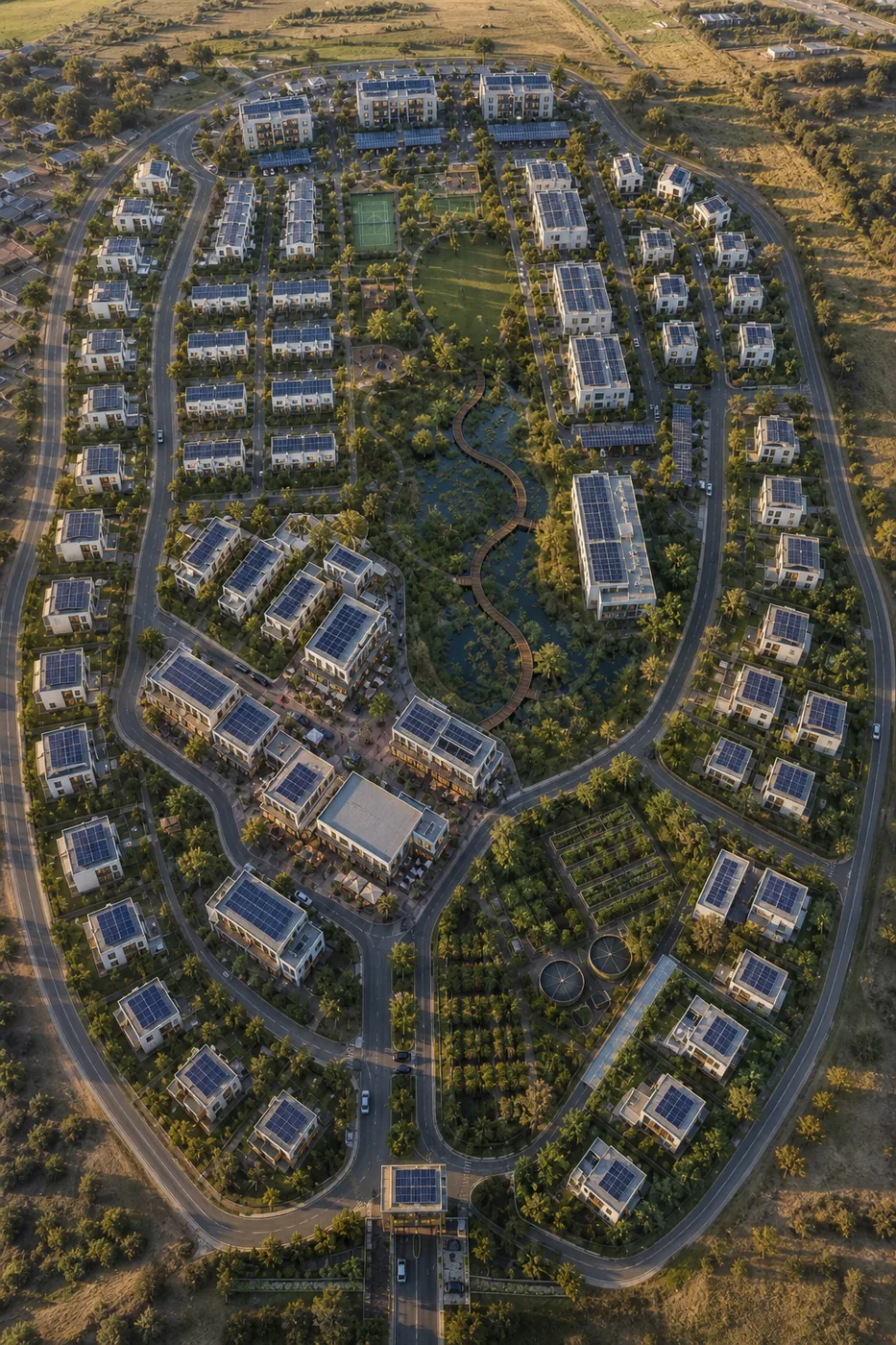 Photoreal aerial visualisation of the same masterplan at golden hour, with rooftop solar across the development.