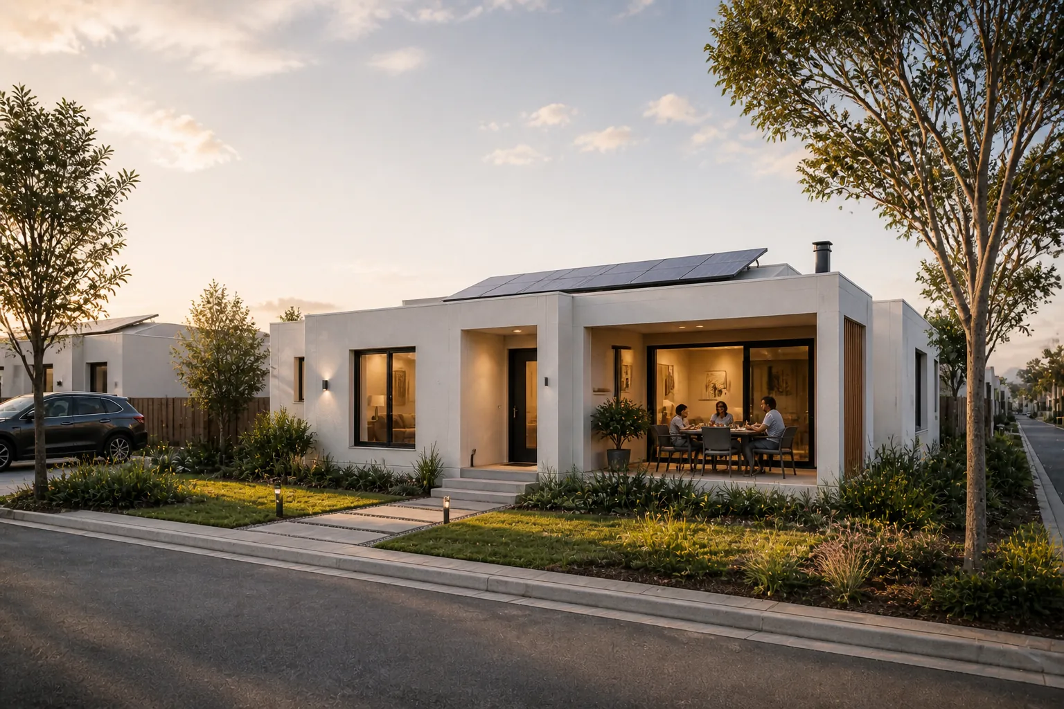 Street of single-storey full-title homes.