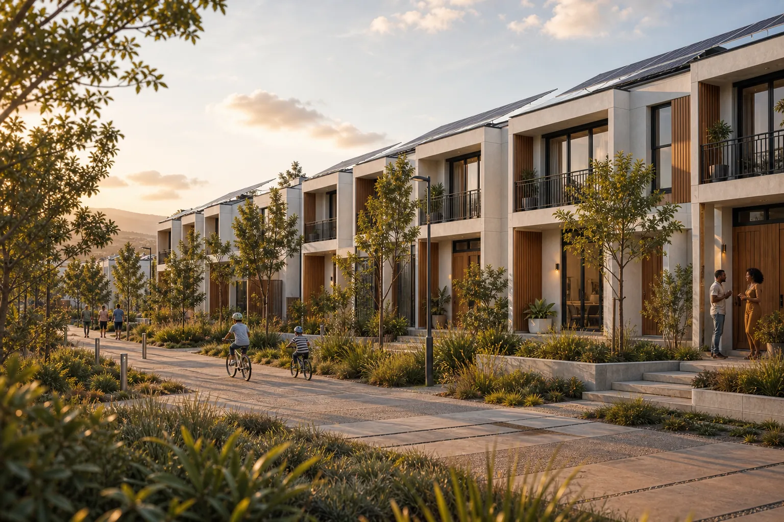 Townhouse rows around a shared landscaped court.