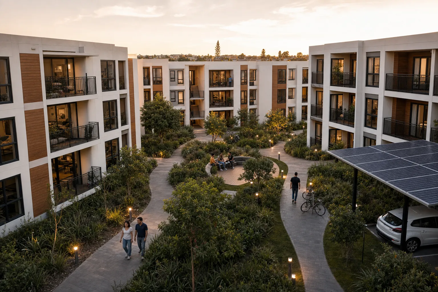 Walk-up apartment buildings facing the central green.