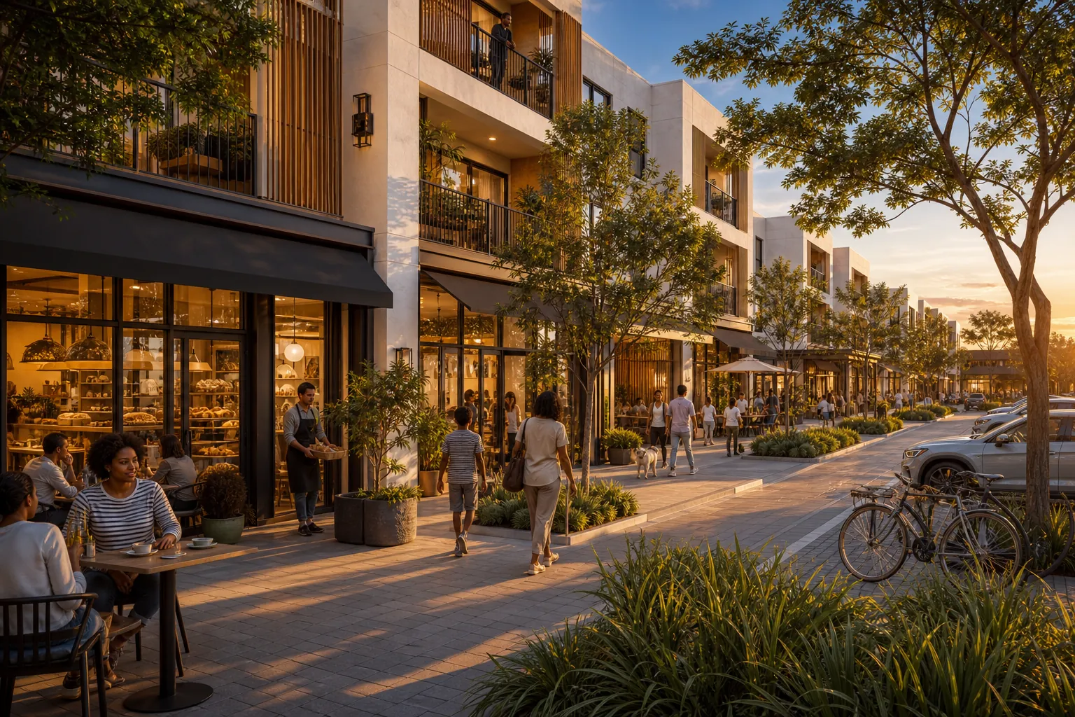 Mixed-use centre with shops and cafés at ground level.