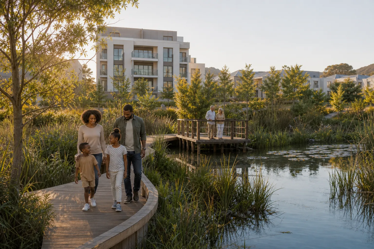 Boardwalk through a constructed wetland.