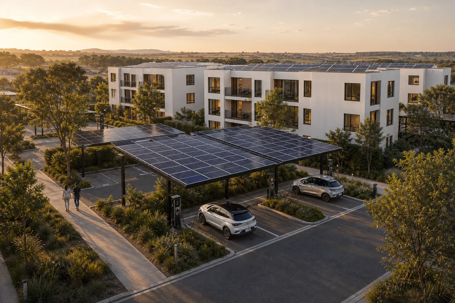 Rooftop photovoltaic arrays and solar carports.