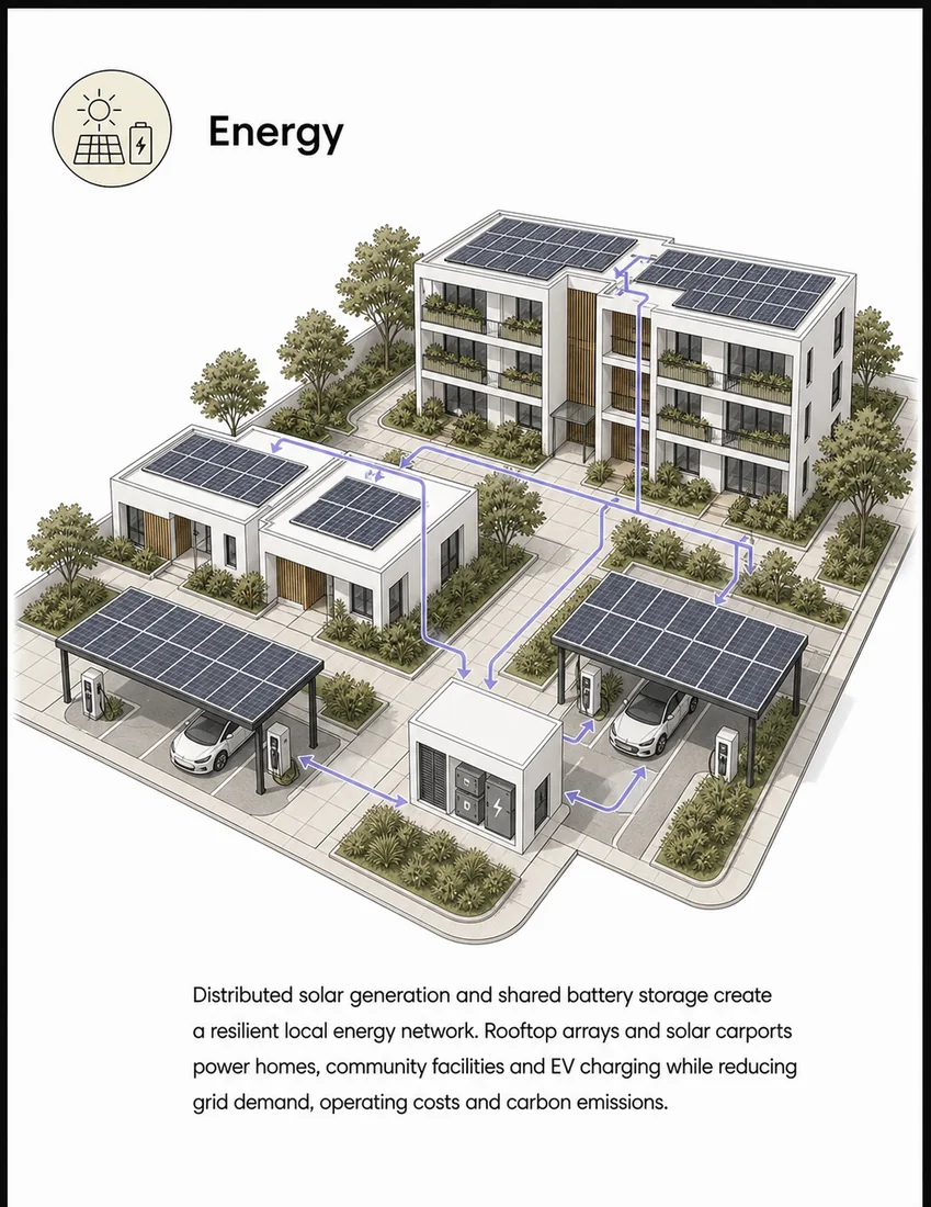 Sustainable community card: energy — generation, storage and distribution.
