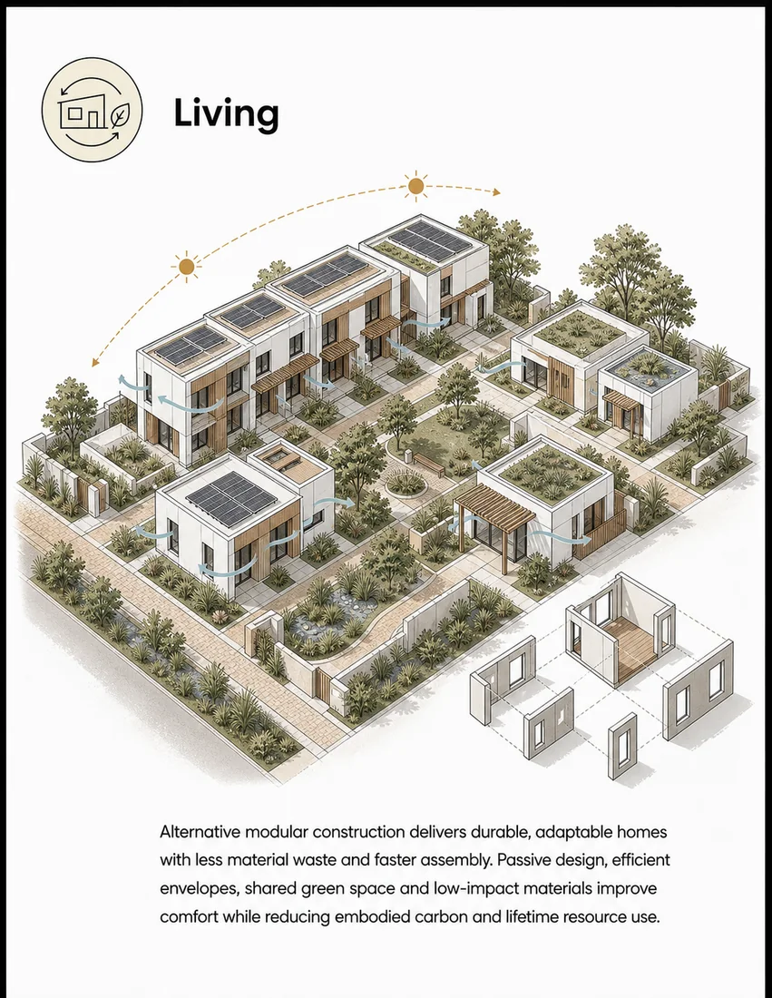 Sustainable community card: living — homes, shared space and daily life.