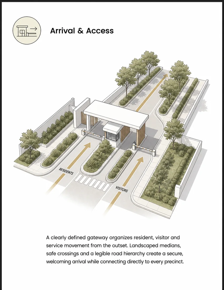 Zone concept card: arrival and access — a defined gateway organising resident, visitor and service movement.