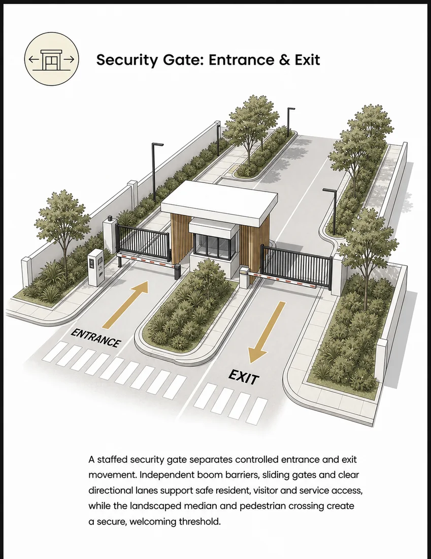 Zone concept card: security gate with separated entrance and exit lanes.