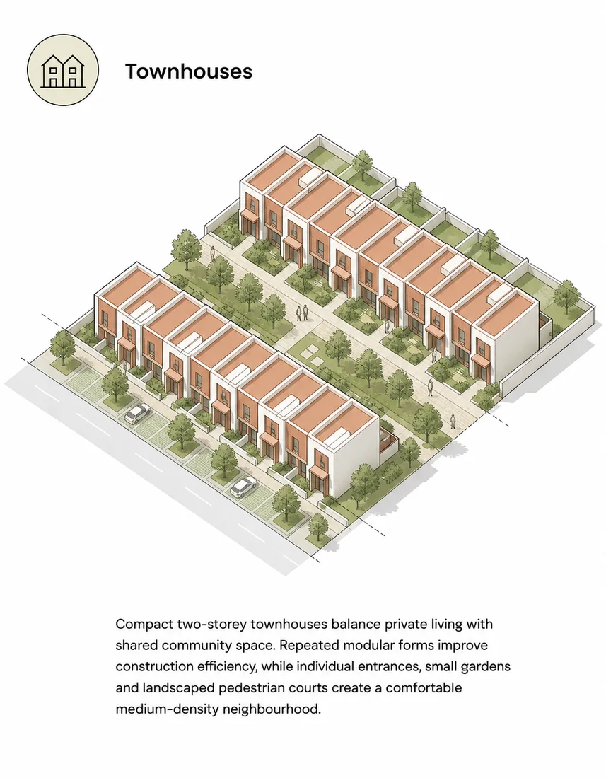 Zone concept card: townhouse rows with shared landscaped courts.