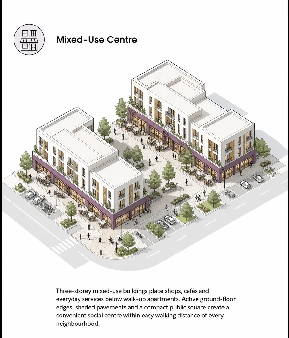 Zone concept card: mixed-use centre with shops and cafés at ground level.