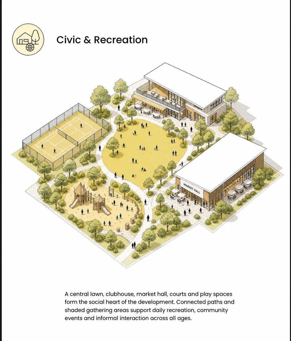 Zone concept card: civic and recreation zone with clubhouse, courts and central lawn.
