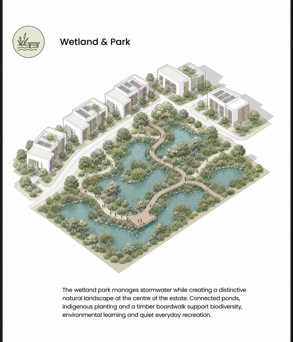 Zone concept card: constructed wetland and park with boardwalk.