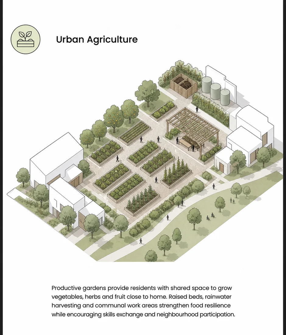 Zone concept card: urban agriculture with raised beds, orchards and compost.