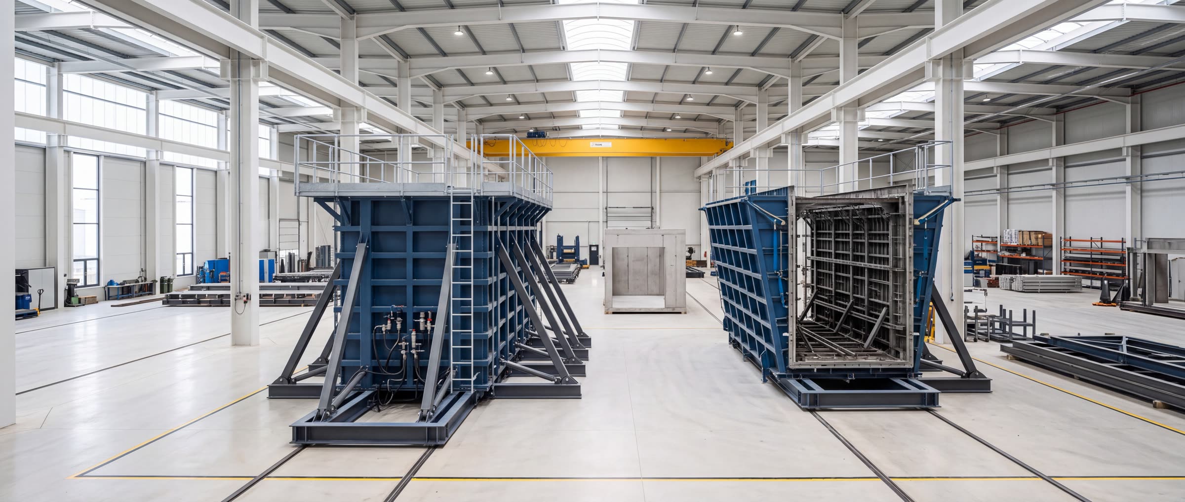 Wide view of a production hall containing two parallel hydraulic volumetric mould lines.