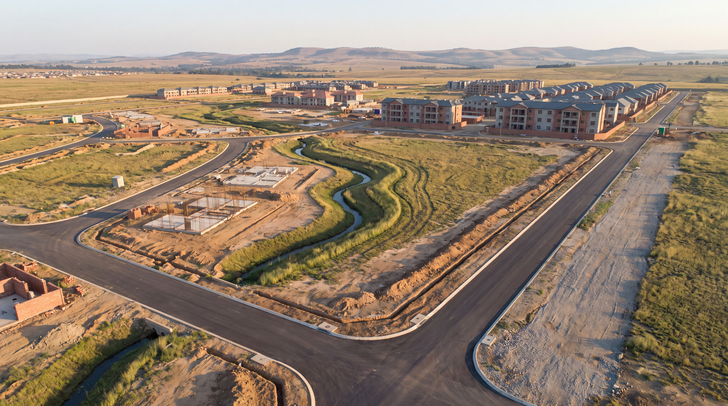 Civil infrastructure and services installation in progress on a prepared site.