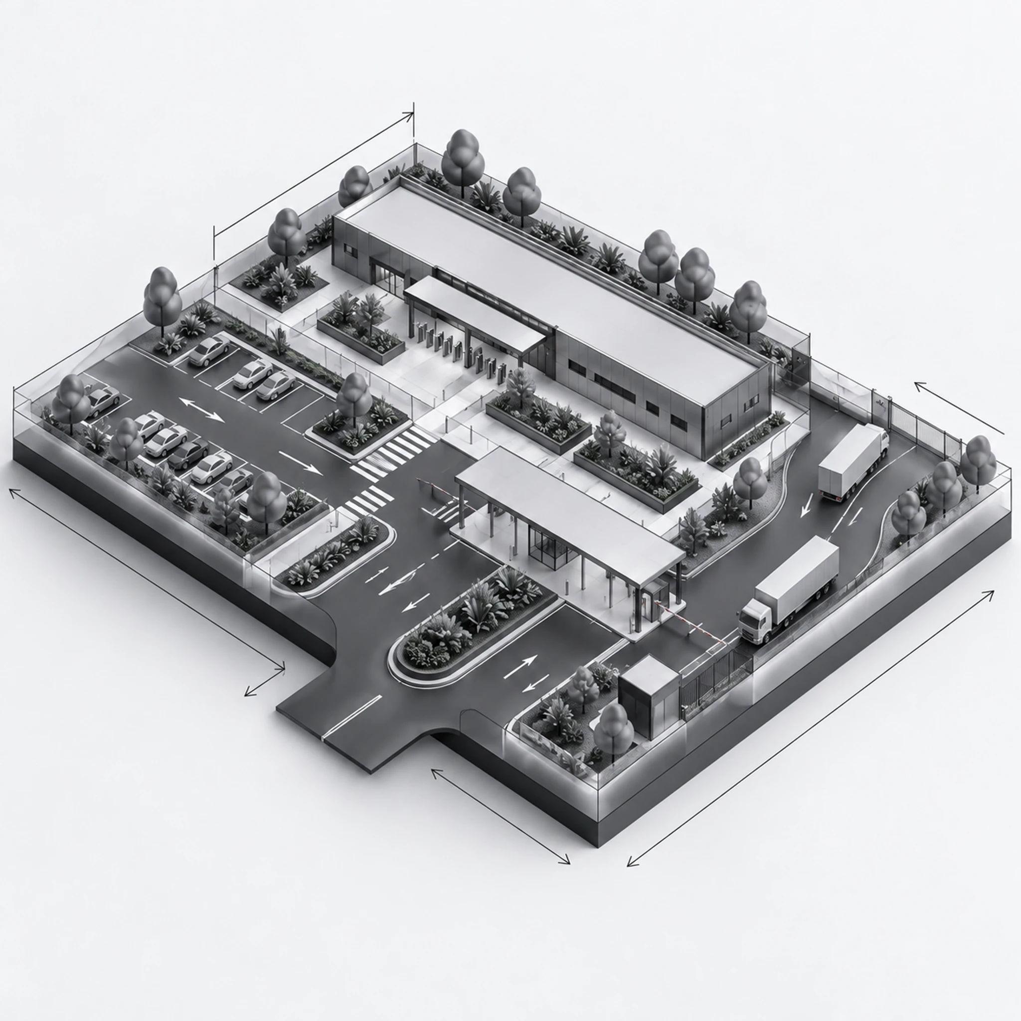 Infrastructure diagram — the change houses and ablutions site layout: buildings, access roads, parking and landscaping.