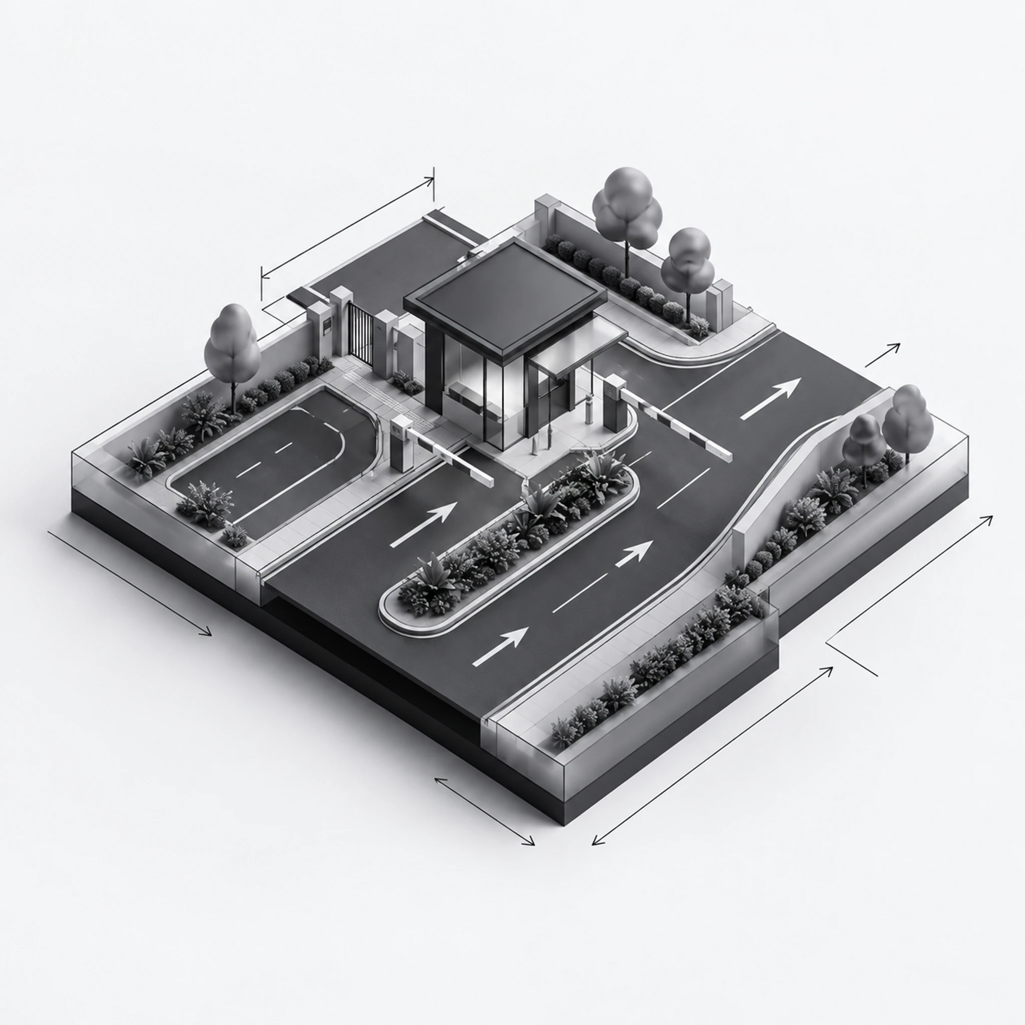 Infrastructure diagram — the guardhouses site layout: buildings, access roads, parking and landscaping.
