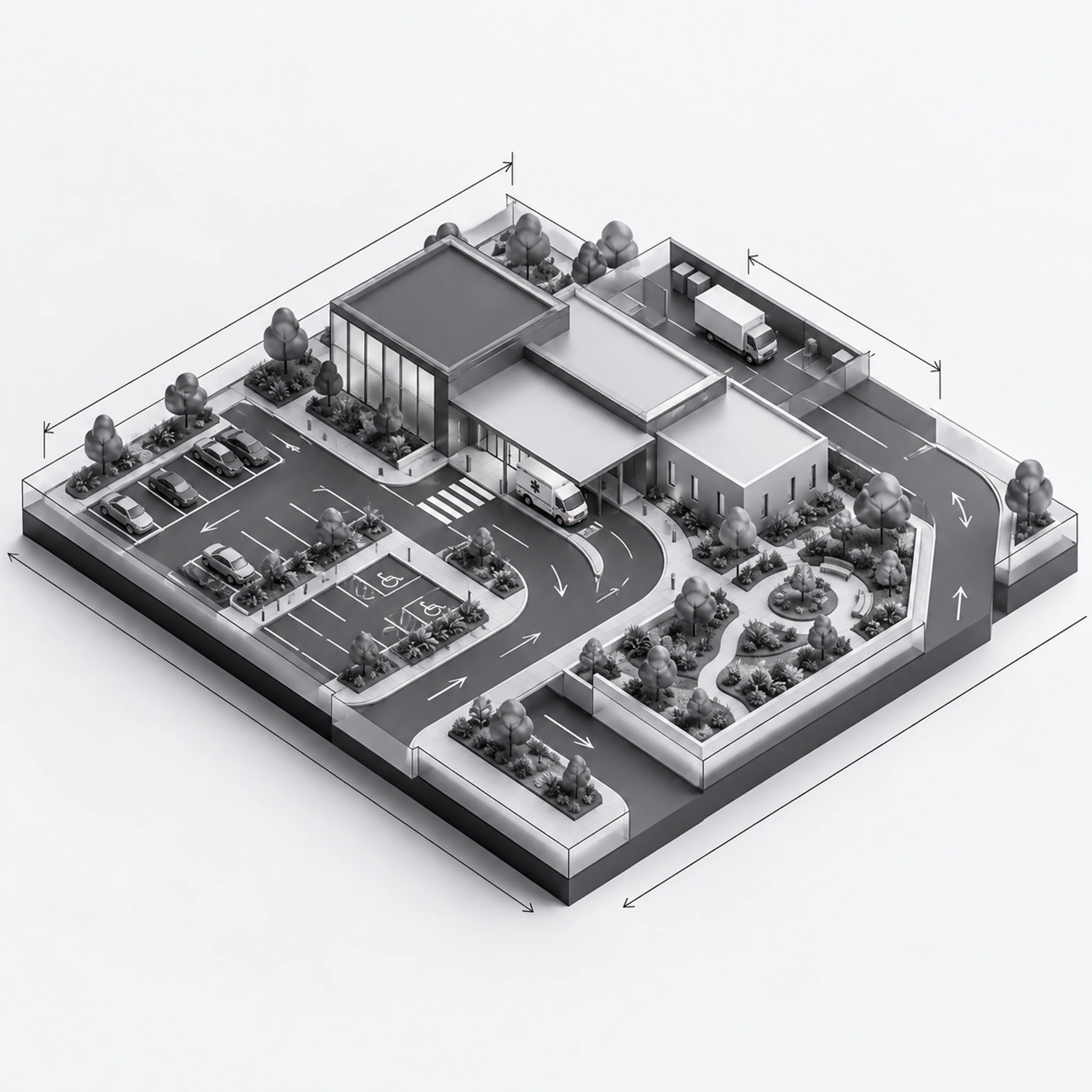 Infrastructure diagram — the hospitals and clinics site layout: buildings, access roads, parking and landscaping.