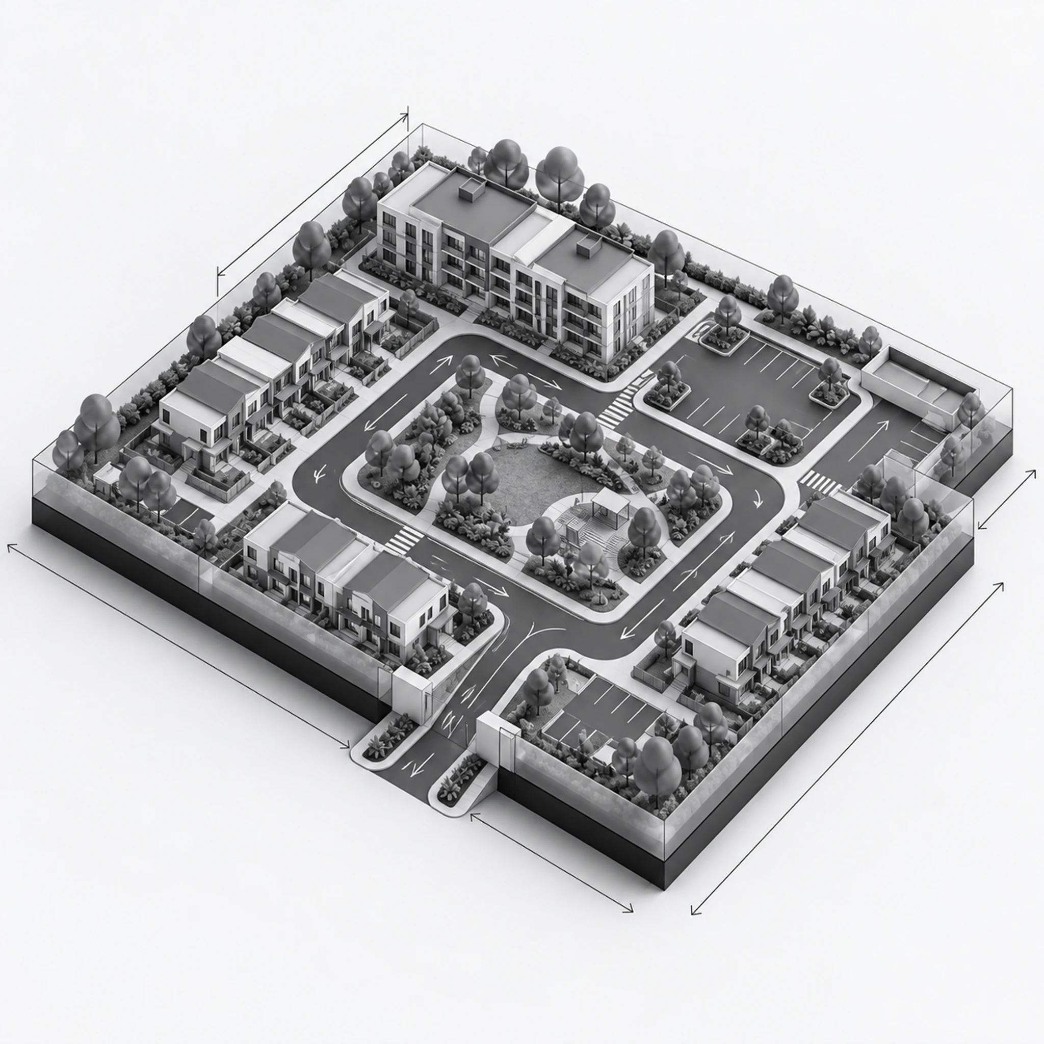 Infrastructure diagram — the low- & medium-rise estates site layout: buildings, access roads, parking and landscaping.