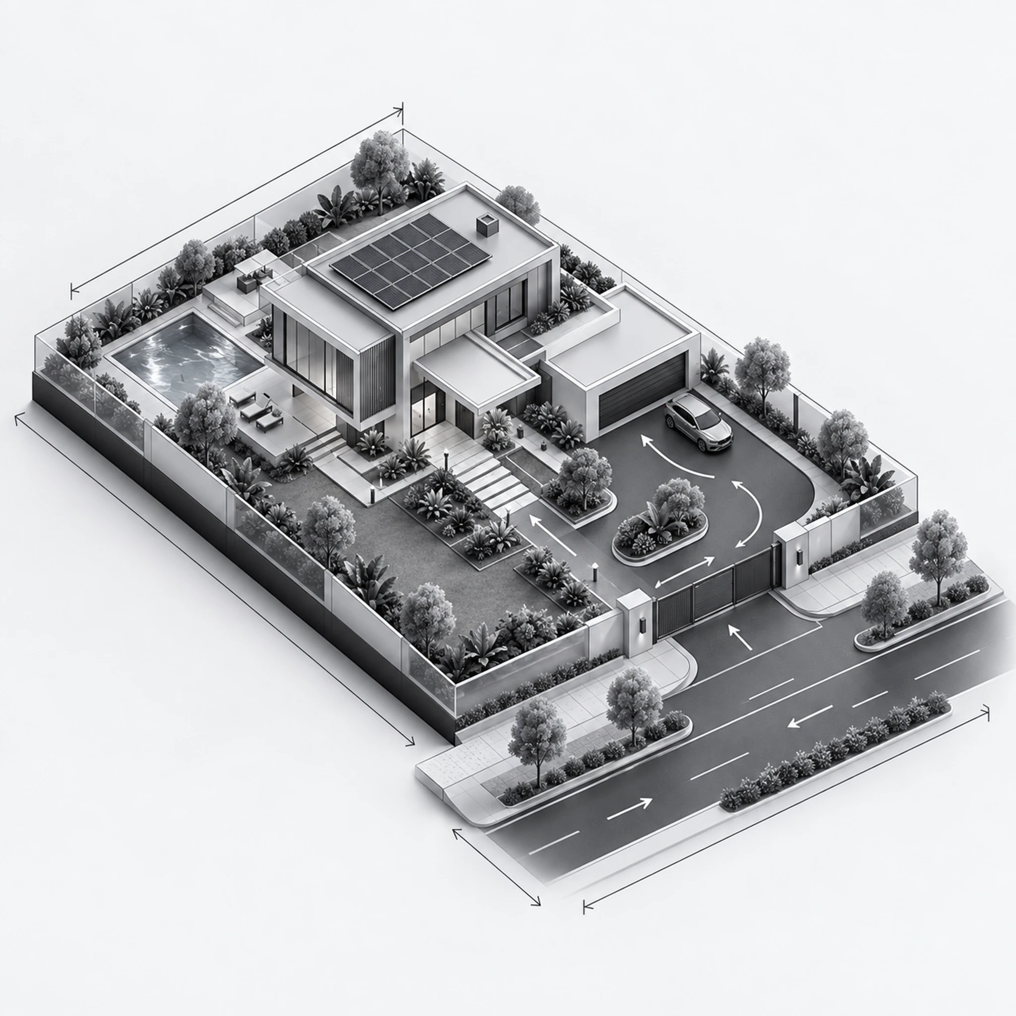 Infrastructure diagram — the luxury residential site layout: buildings, access roads, parking and landscaping.