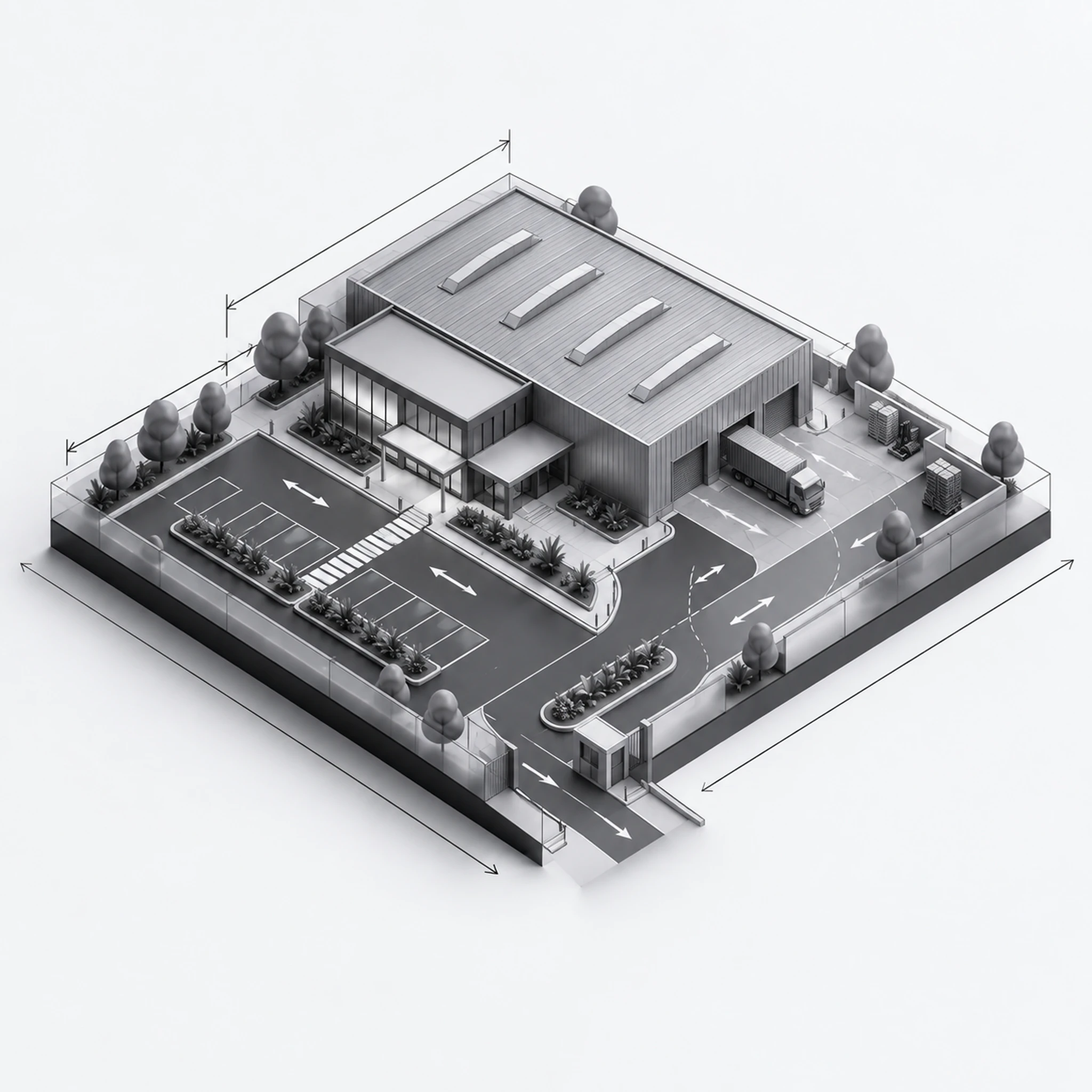 Infrastructure diagram — the manufacturing and light industrial site layout: buildings, access roads, parking and landscaping.