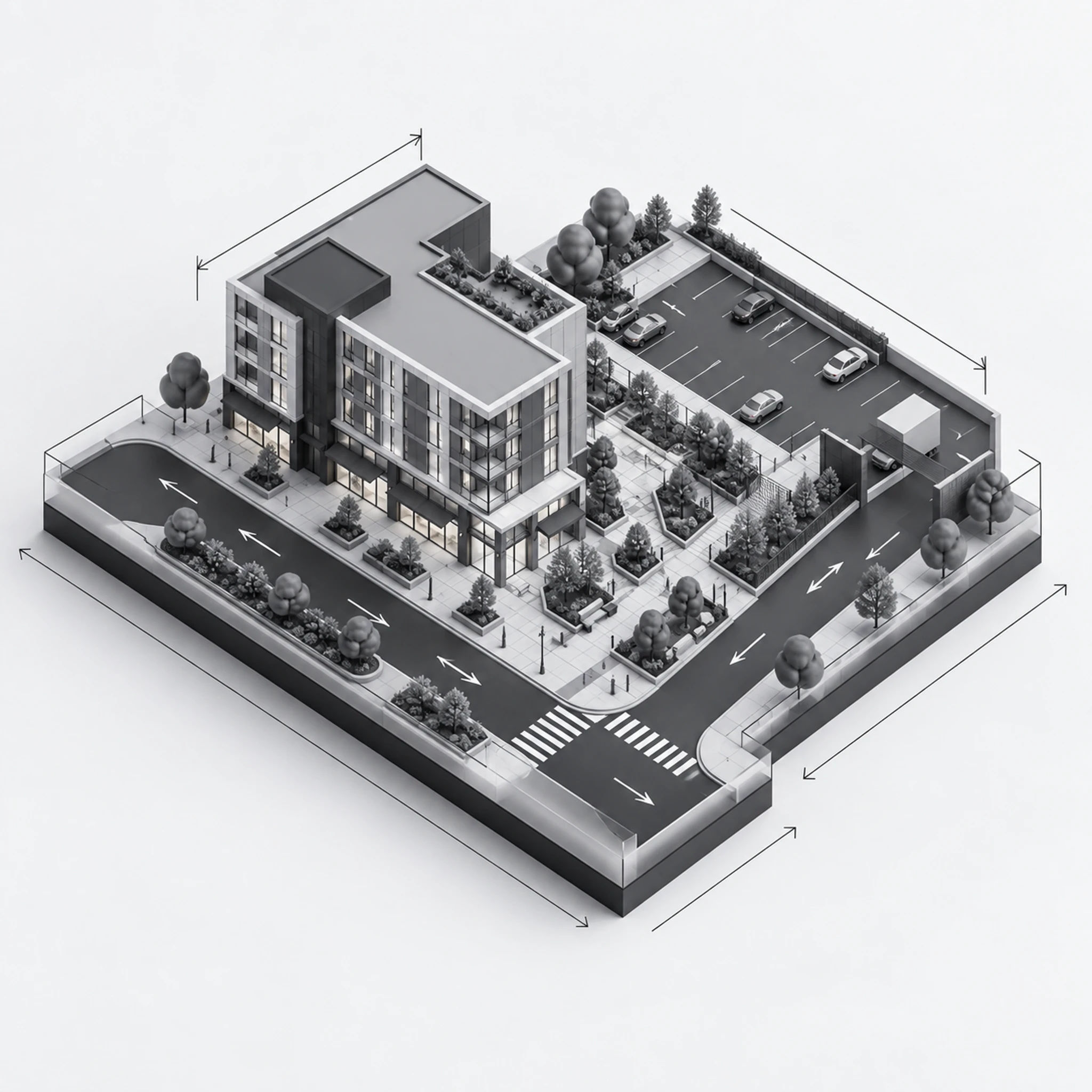 Infrastructure diagram — the mixed-use developments site layout: buildings, access roads, parking and landscaping.