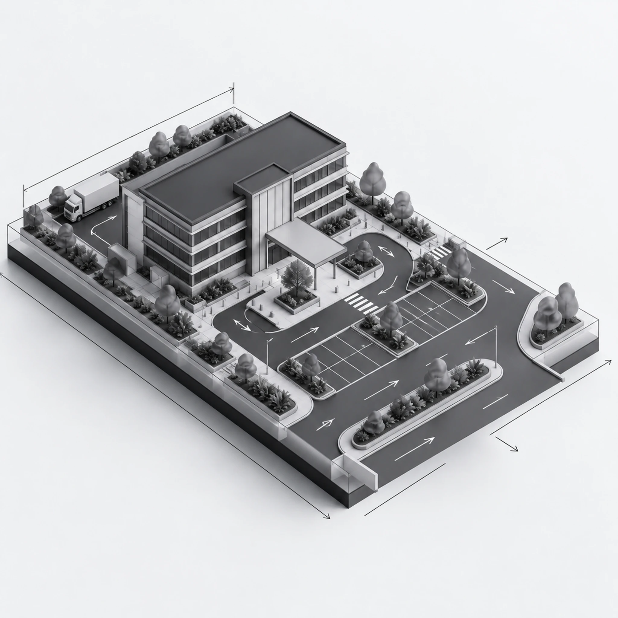 Infrastructure diagram — the office blocks site layout: buildings, access roads, parking and landscaping.