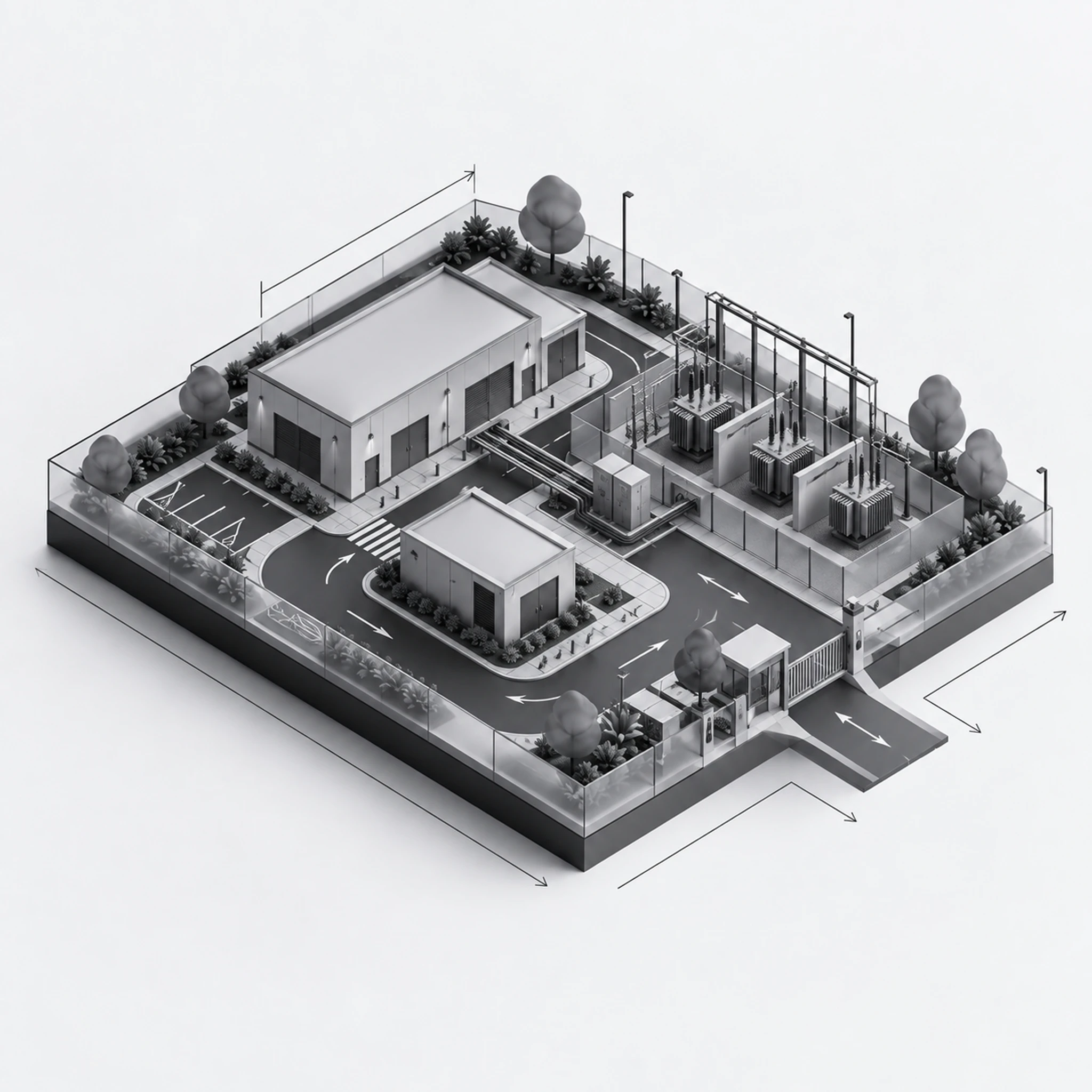 Infrastructure diagram — the plant rooms and substations site layout: buildings, access roads, parking and landscaping.