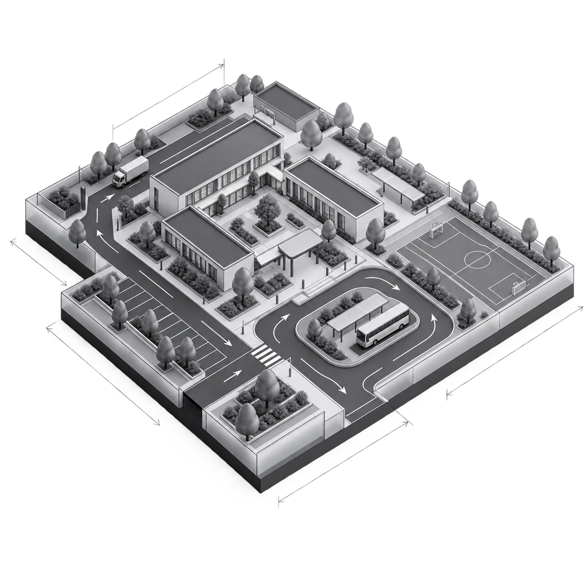 Infrastructure diagram — the schools site layout: buildings, access roads, parking and landscaping.