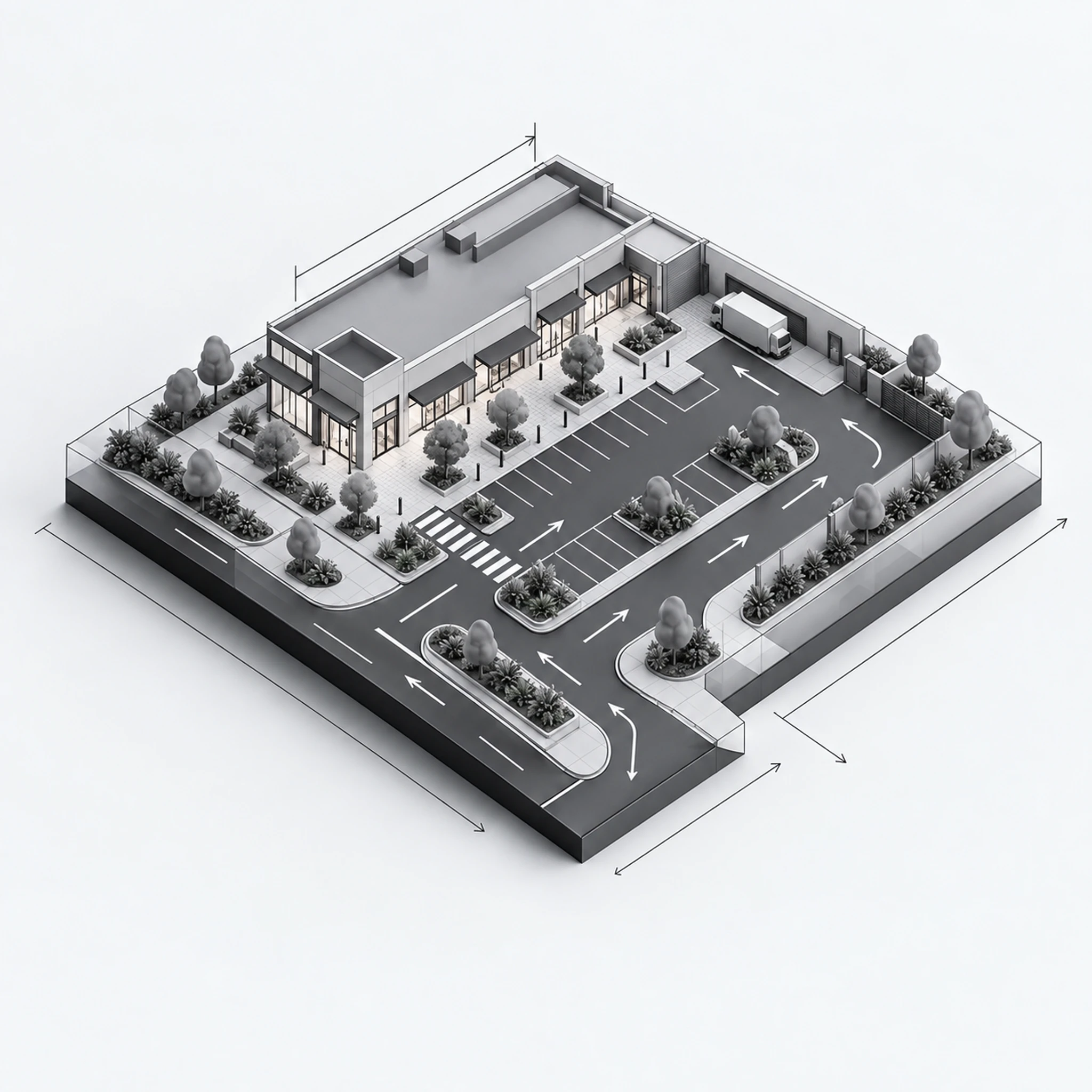 Infrastructure diagram — the shopping centres site layout: buildings, access roads, parking and landscaping.