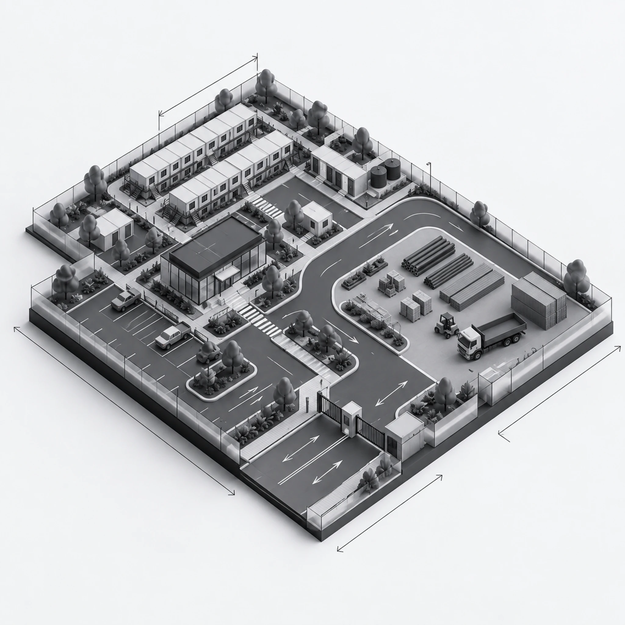 Infrastructure diagram — the site offices and accommodation site layout: buildings, access roads, parking and landscaping.