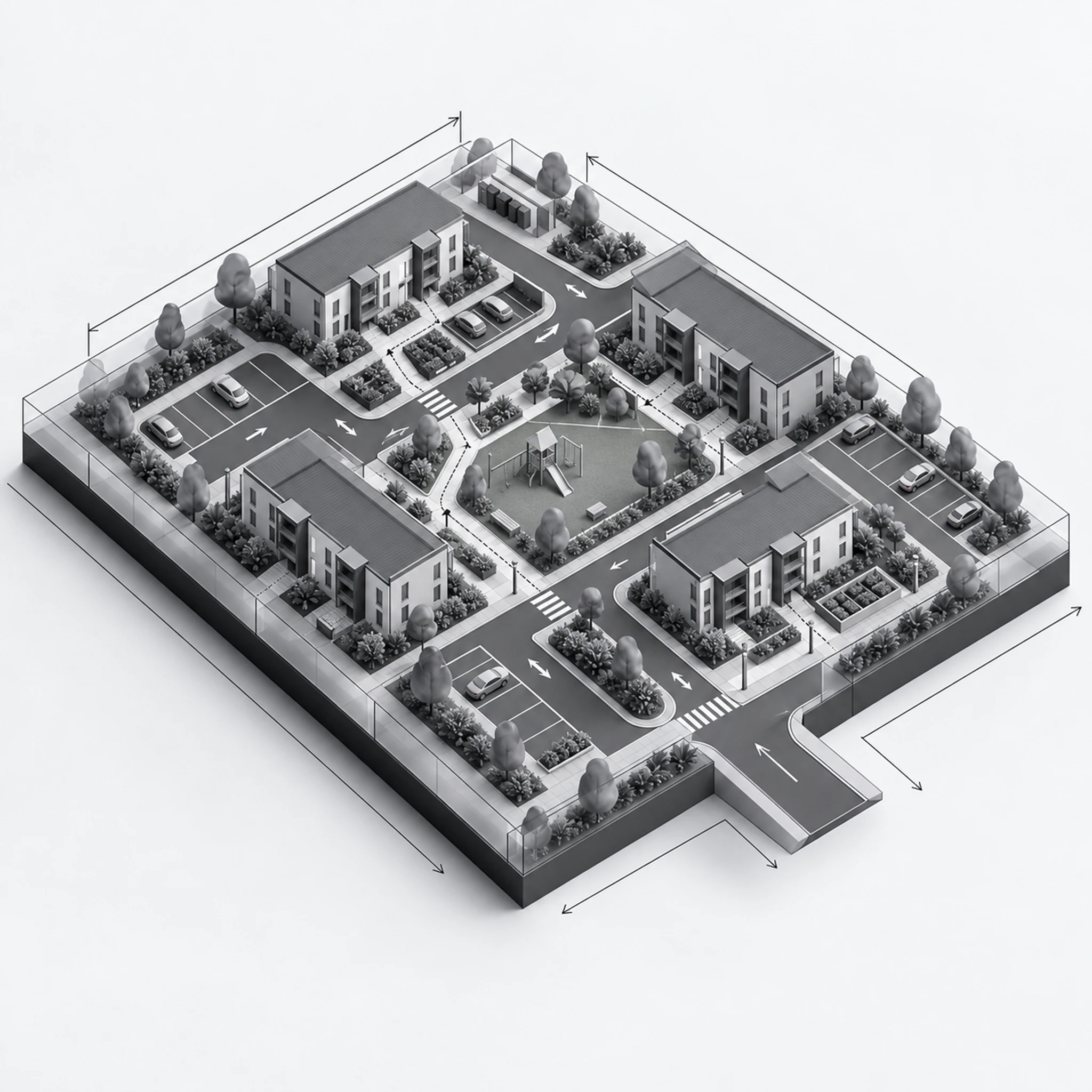 Infrastructure diagram — the flisp, social & affordable site layout: buildings, access roads, parking and landscaping.