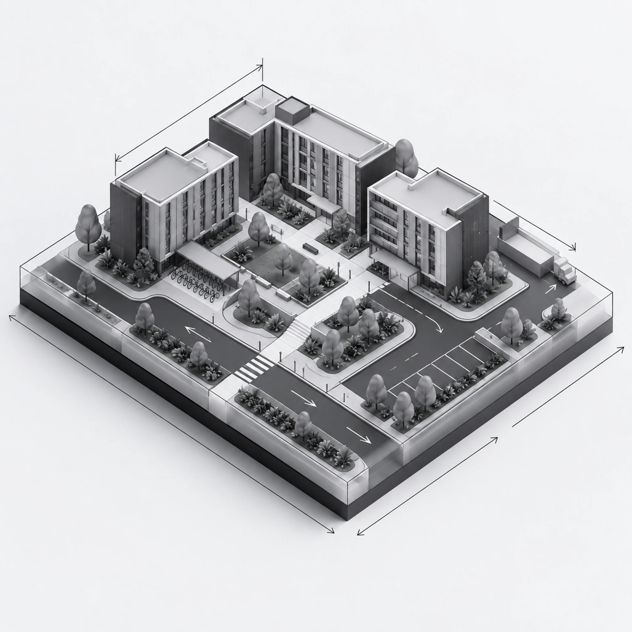 Infrastructure diagram — the student accommodation site layout: buildings, access roads, parking and landscaping.