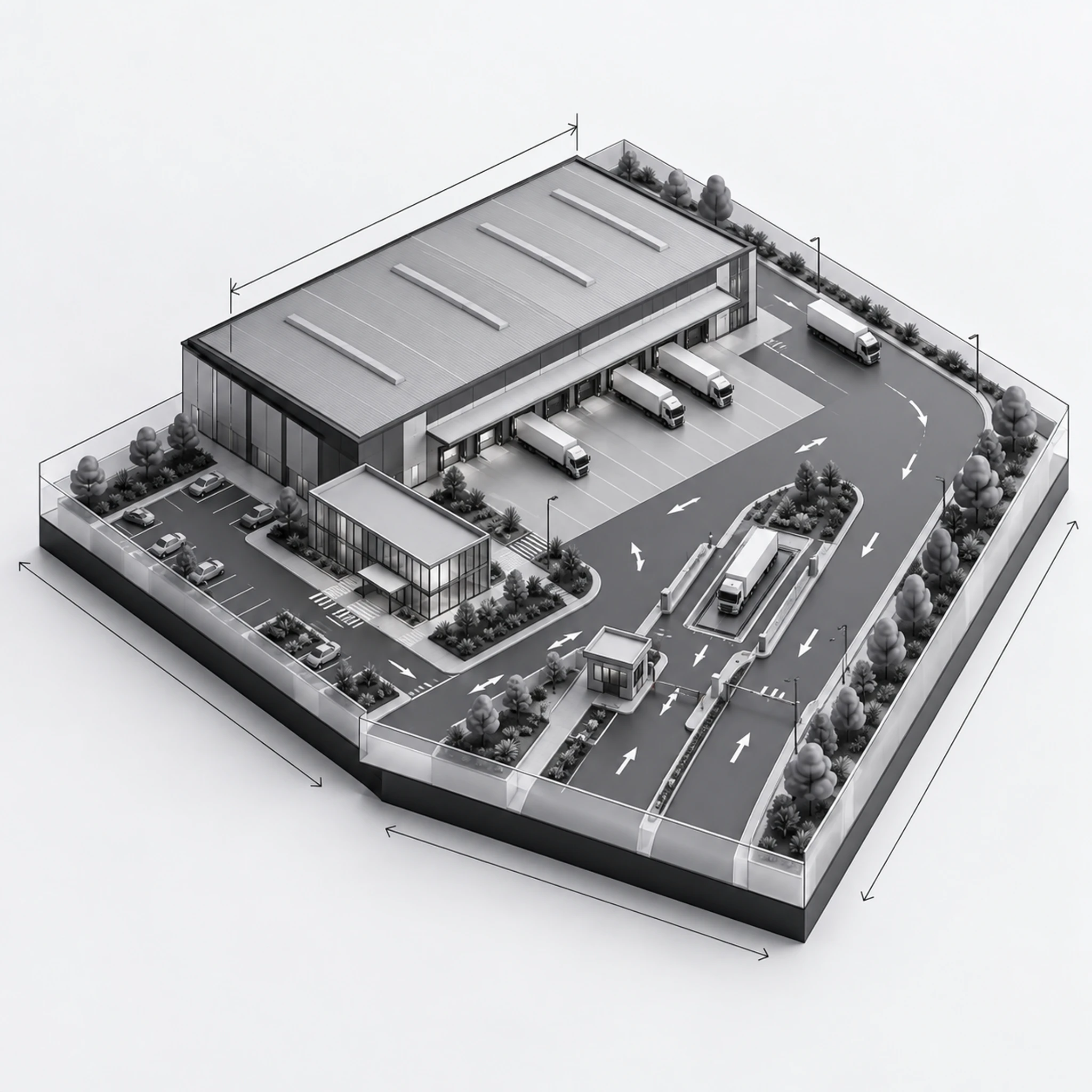 Infrastructure diagram — the warehousing and distribution site layout: buildings, access roads, parking and landscaping.