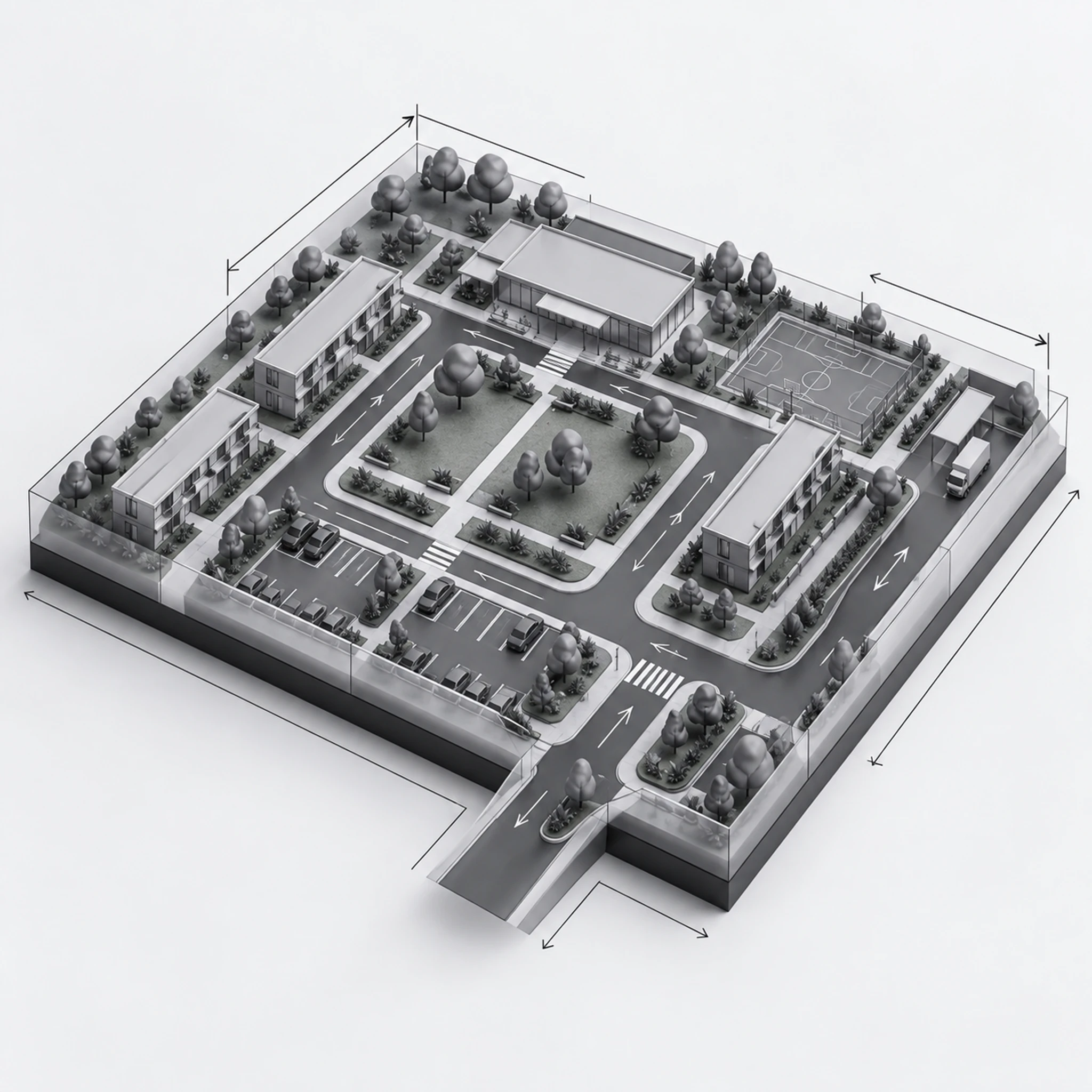 Infrastructure diagram — the workforce accommodation site layout: buildings, access roads, parking and landscaping.