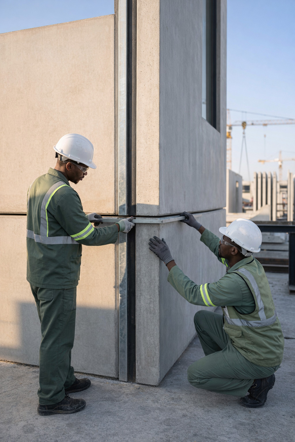 Room modules being placed and connected on site by crane.