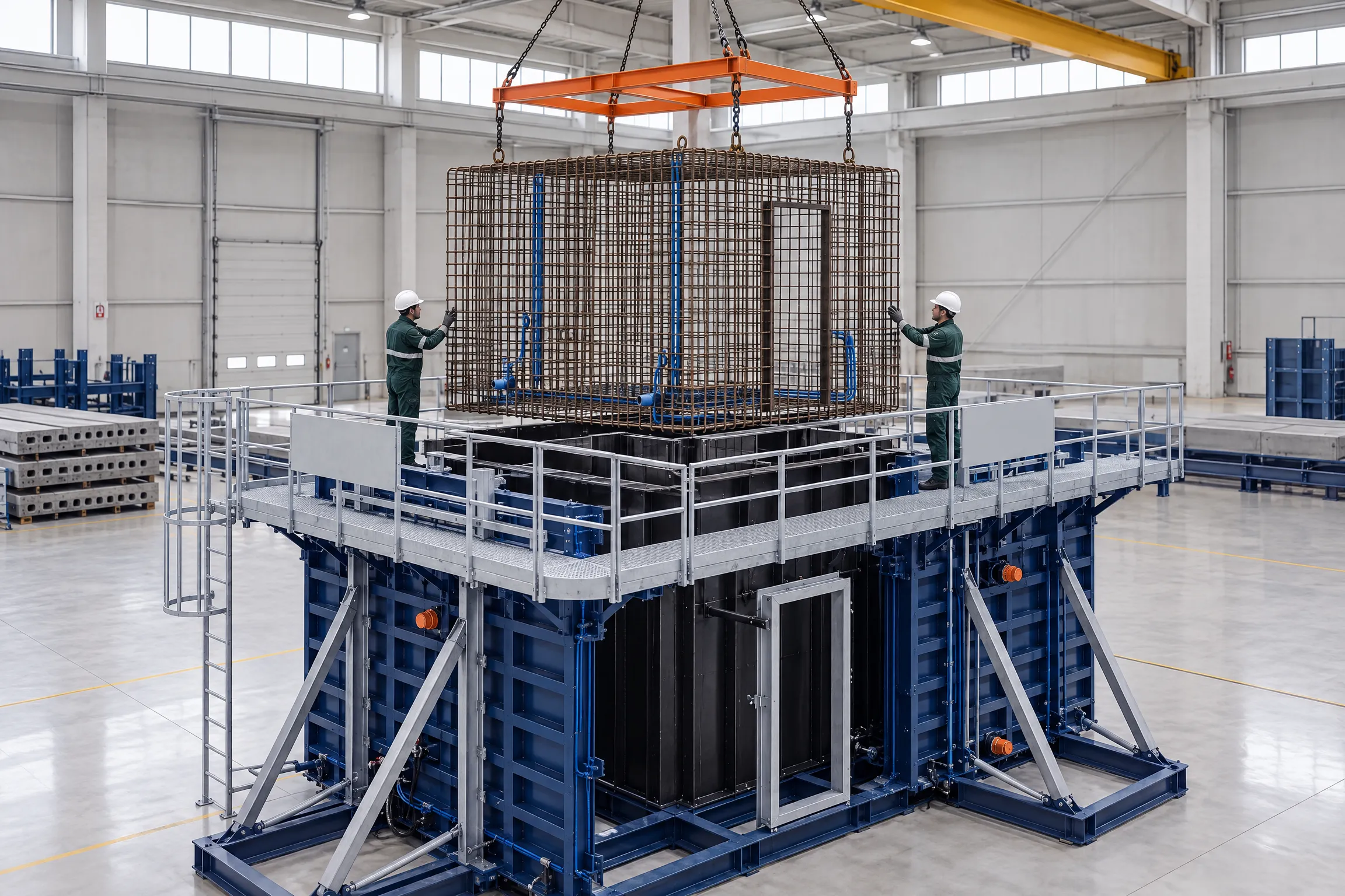 Artist's impression of a reinforcement cage with conduits and lifting anchors being lowered on a spreader frame into a navy hydraulic mould inside the factory.