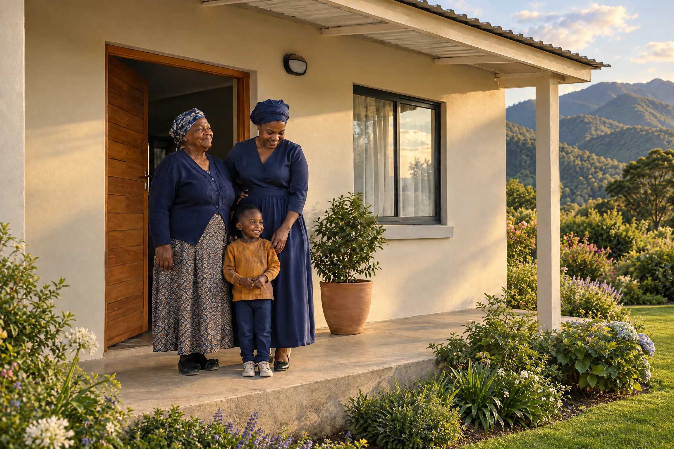 Artist's impression of three generations of a family standing at the door of a new precast concrete home.