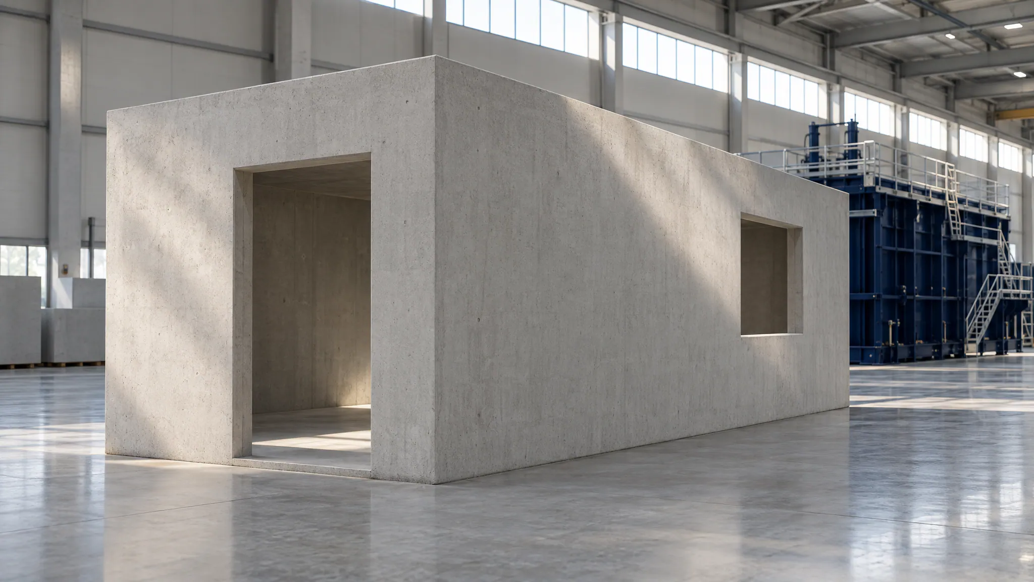 Artist's impression of a monolithic concrete room module standing in a factory hall, a navy mould behind it.
