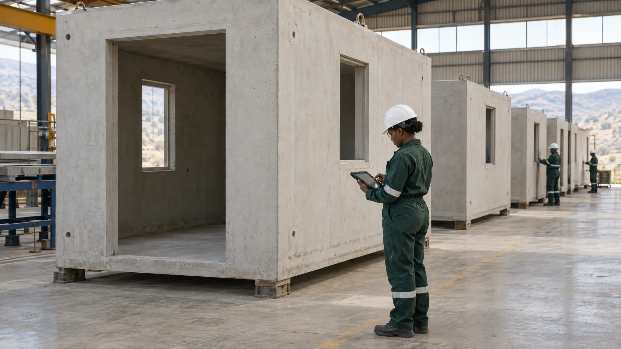 Artist's impression of a quality inspector recording data on a tablet beside a concrete module in a factory.