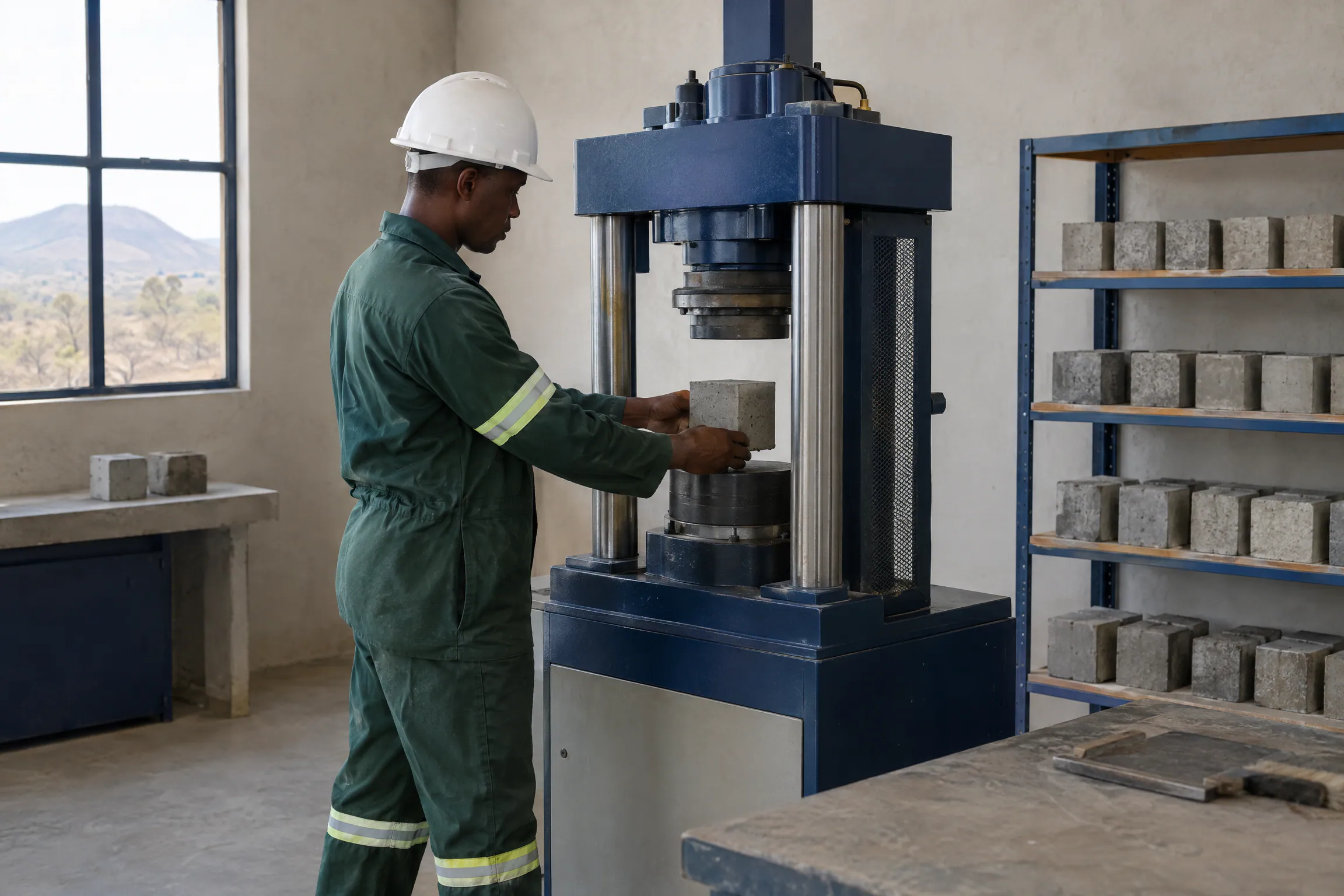 Artist's impression of a laboratory technician placing a concrete cube in a compression testing machine.
