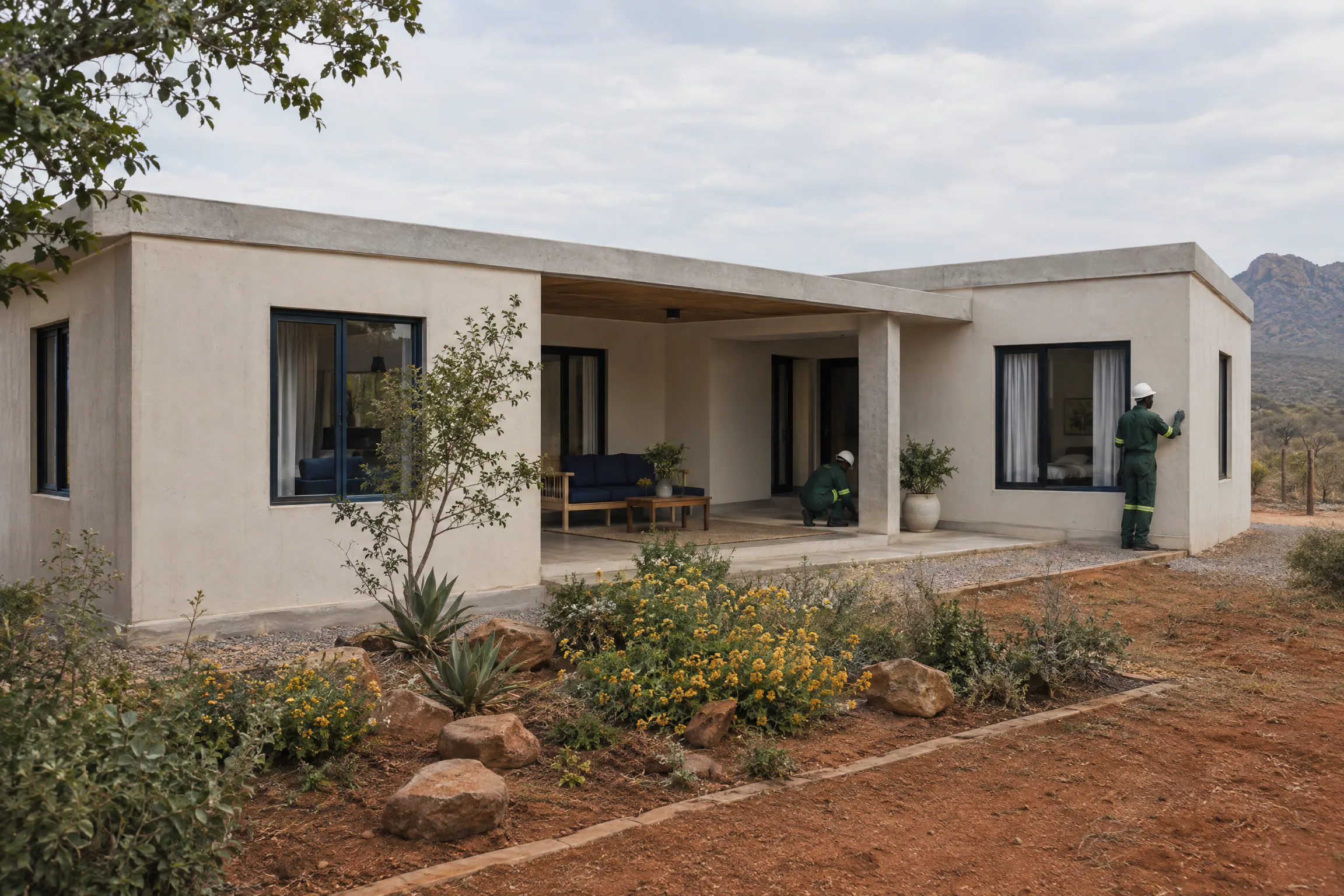 Artist's impression of a single-storey L-shaped home with a covered stoep and garden.