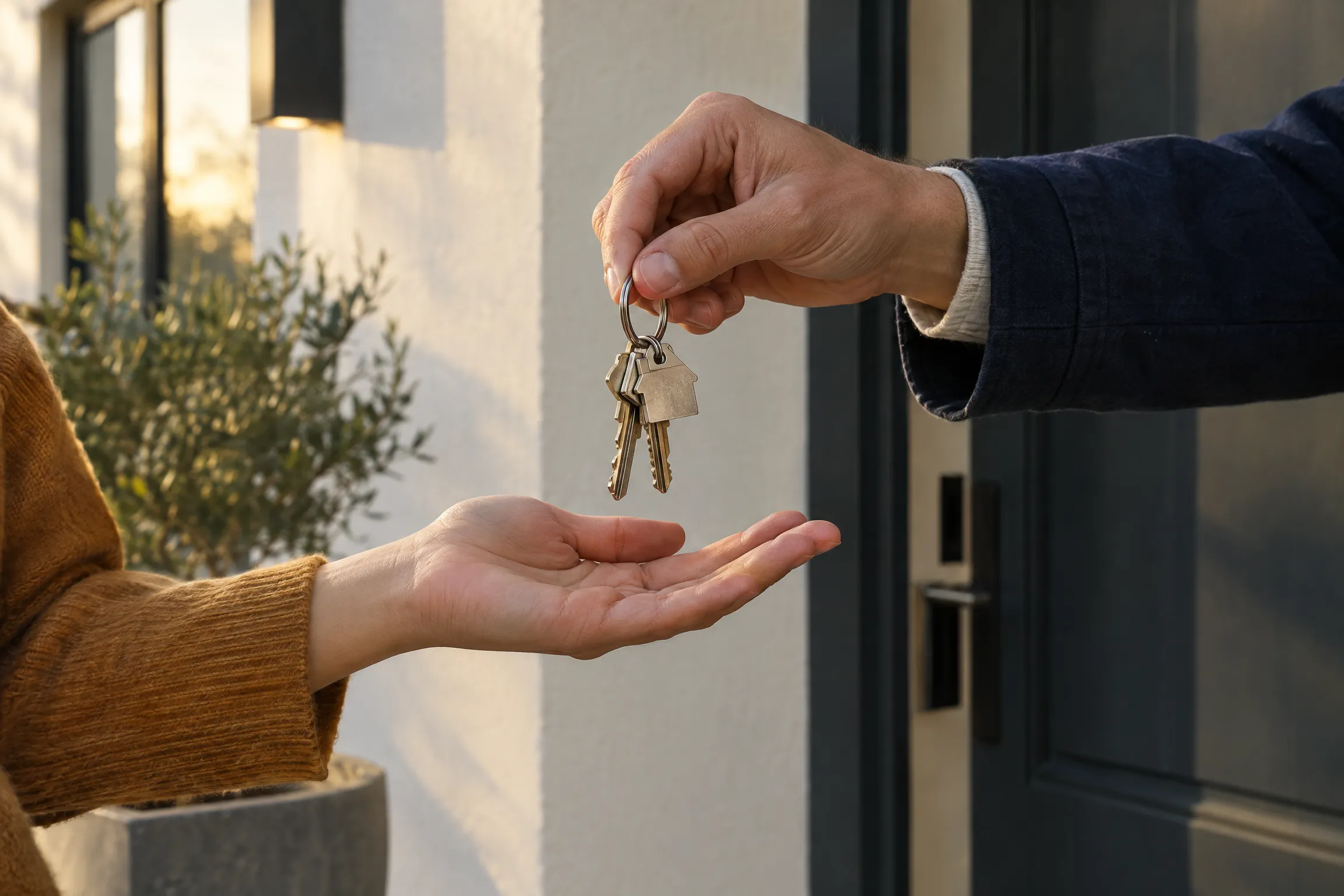 Artist's impression of house keys being handed over at the door of a new home.