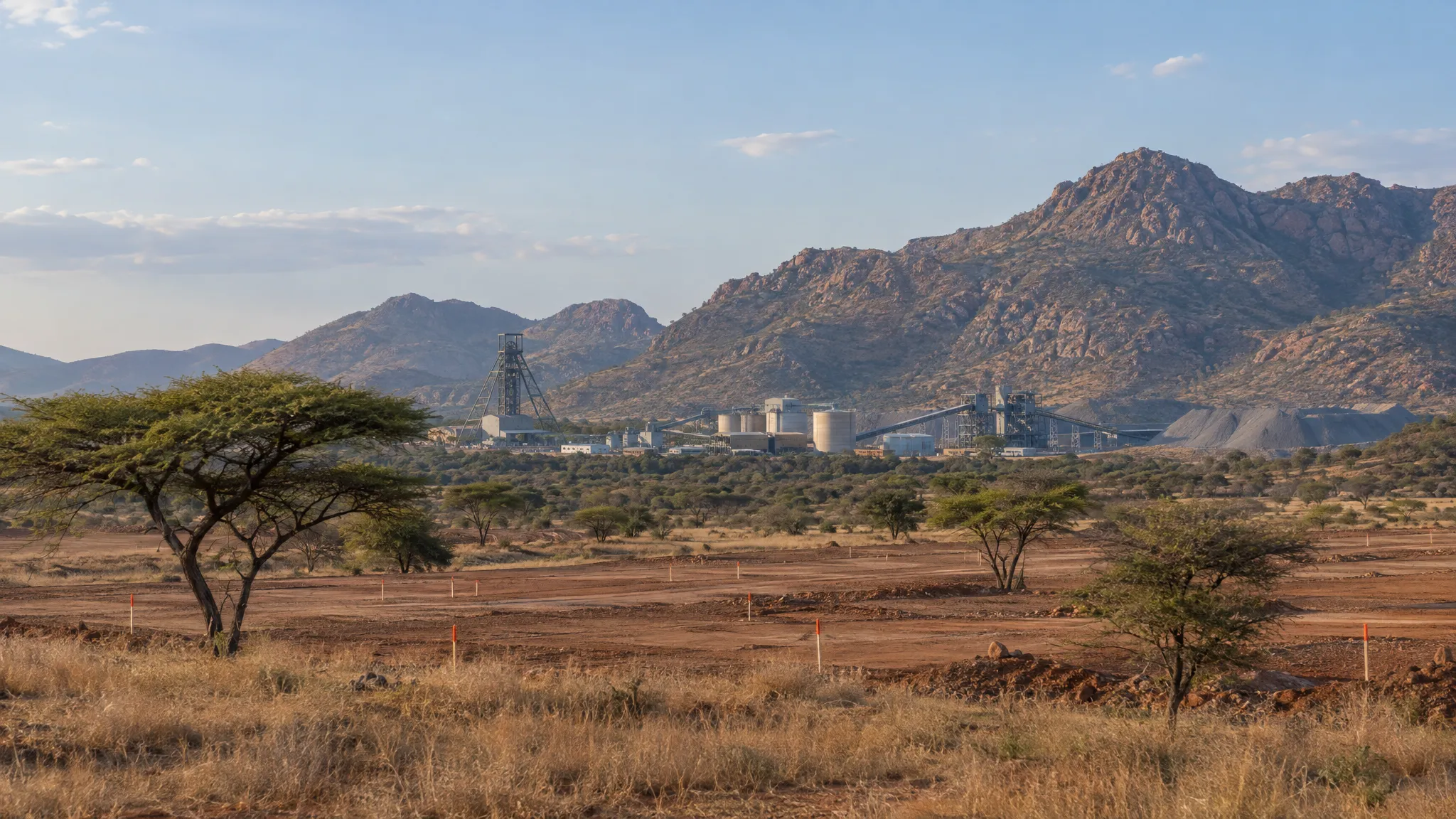 Artist's impression of a mining valley near Steelpoort with a headframe and processing plant beneath rugged mountains.